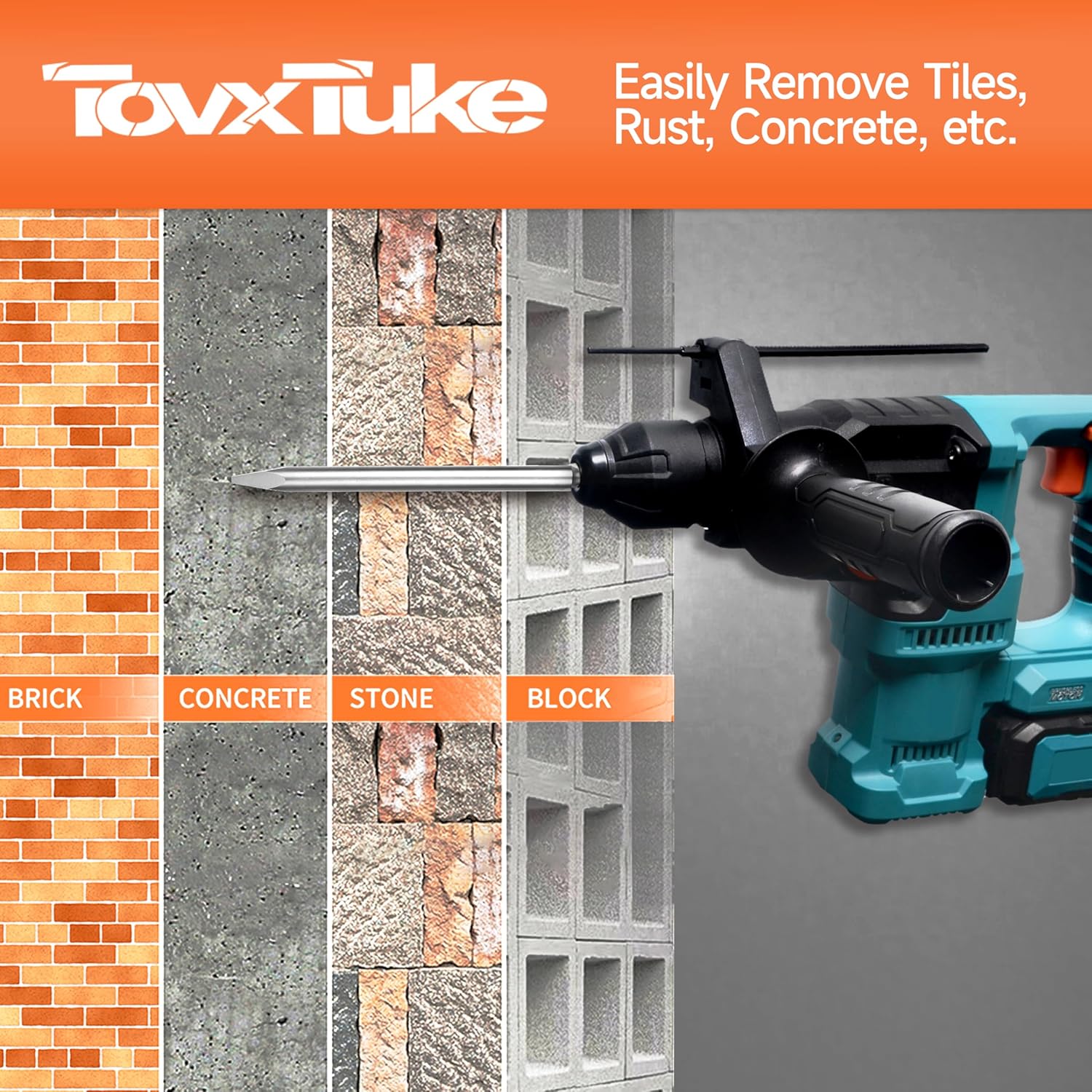 TovxTuke SDS Plus Chisel Set, 4 Piece Steel Tool Set for Tile, Flat, Pointed and Channal Chisel, Suitable for Masonry, Bricks, Walls, Granite, Concrete