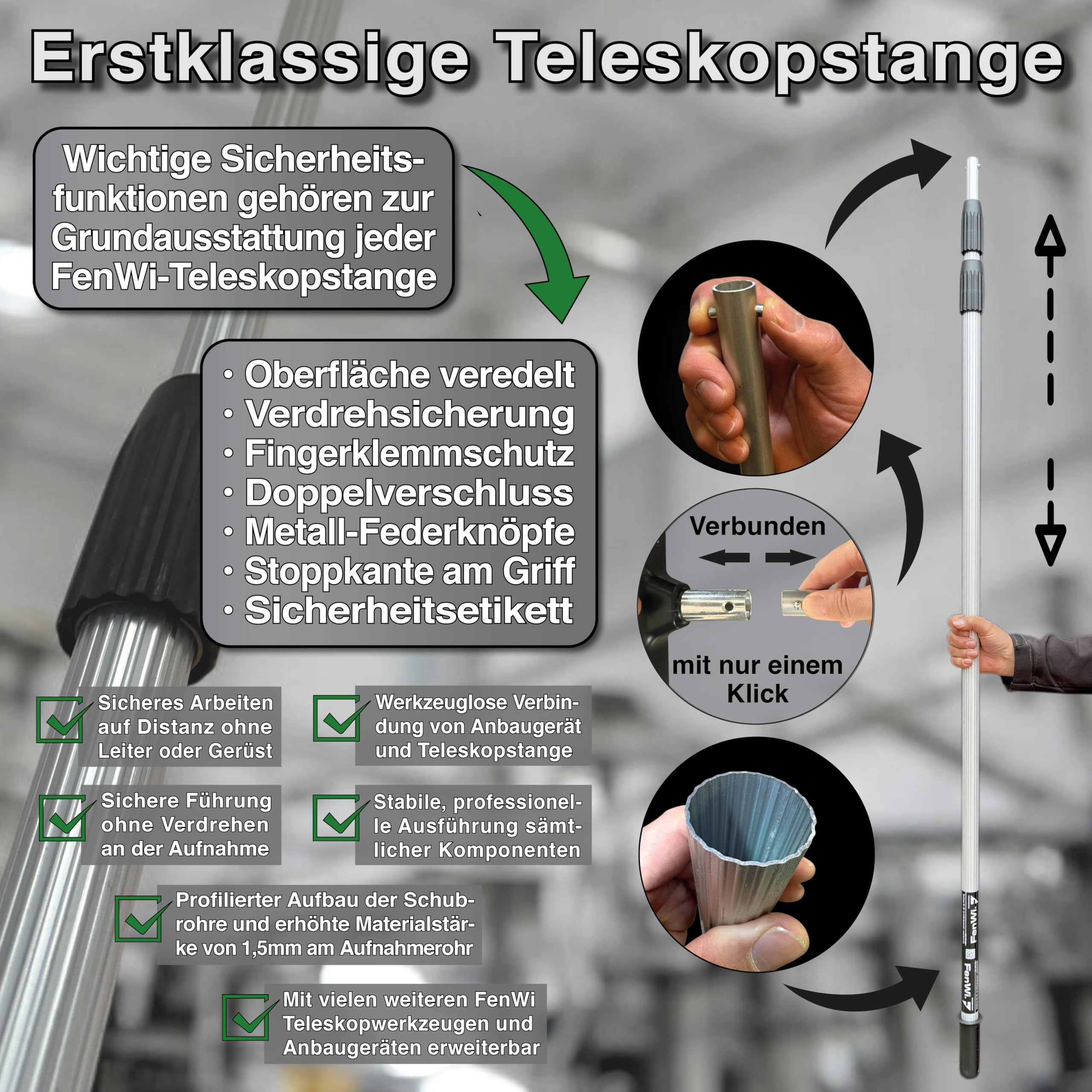 FenWi 4m Fensterreiniger Profi Set mit 400 cm Alu Teleskopstange Gummilippe Kombi Fensterwischer Mikrofaser 35/40cm Winkelgelenk + Zubehör zum Fenster putzen I Reinigung von Solaranlage Photovoltaik