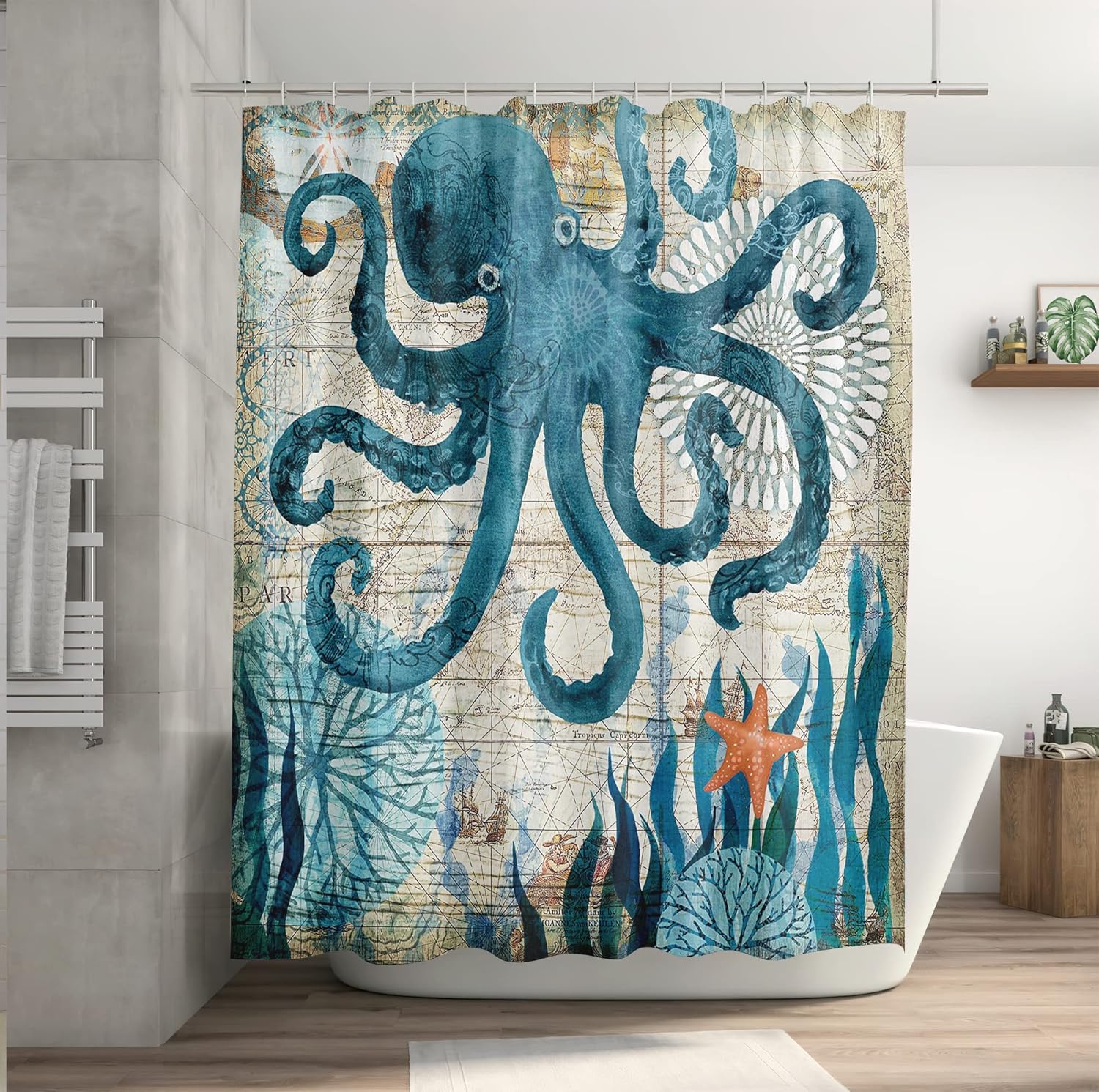 Extra Long Octopus Shower Curtain 72 x 84 Inch, Ocean Themed for Bathroom Decor, Nautical Fabric With 12 Hooks