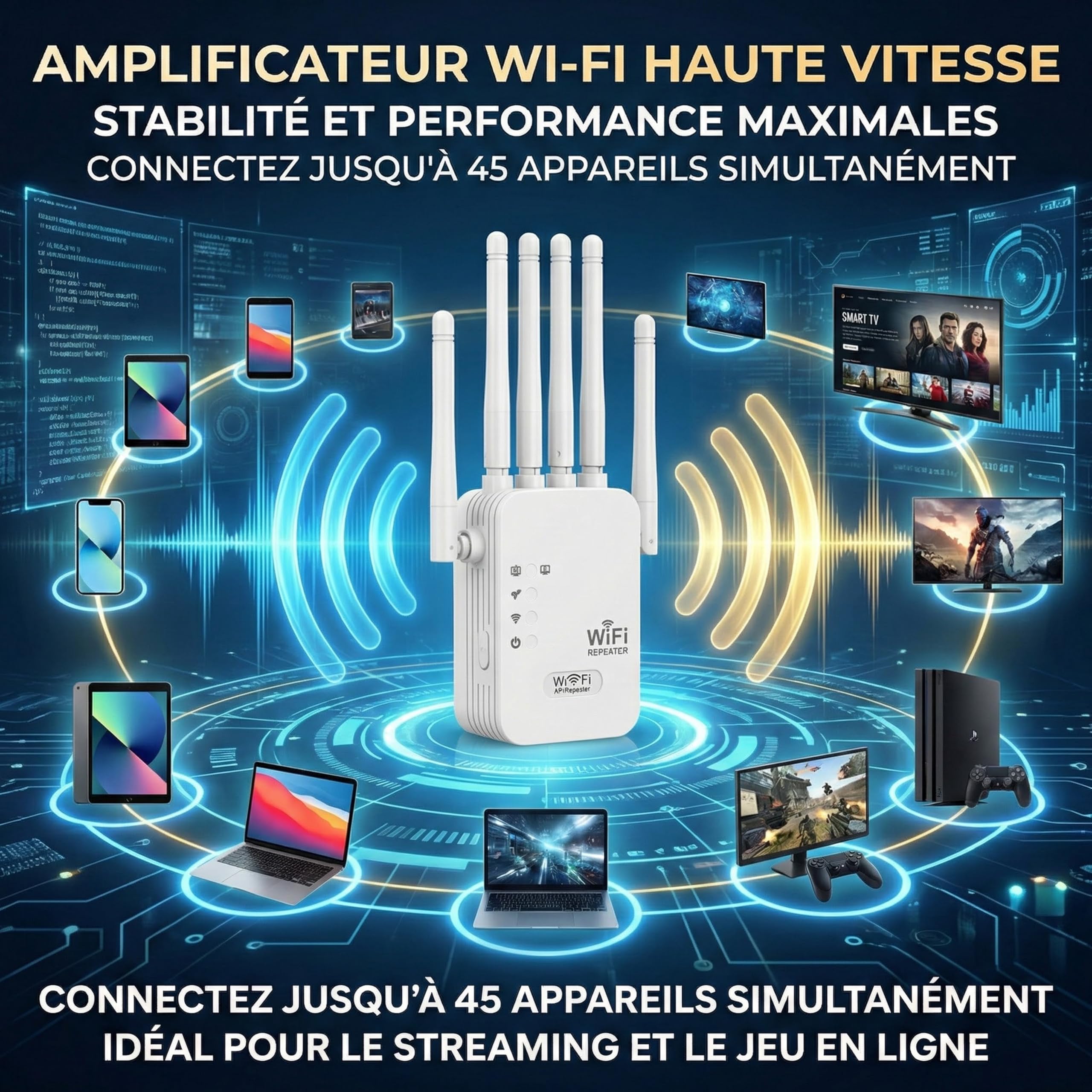 Repeteur WiFi Puissant Amplificateur WiFi de dernière Technologie avec 6 2 Ports LAN antennes Couvrant Une superficie de1000 m²,Mur épais Compatible pour la Maison et Le Bureau