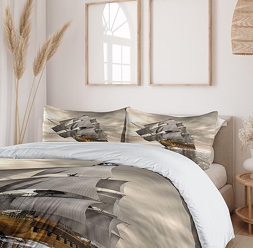 Miniatura 518 de Ambesonne Juego de funda de edredón de brújula, ilustración de mapa del mundo, marinero marítimo, equipo de vida monocromático, juego de ropa