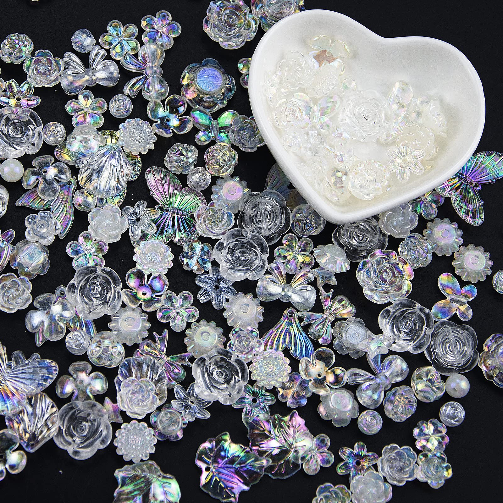 120Pcs Assorted Acrylic Beads White Flower Butterfly Bows Star Shell Beads AB Clear Color Plastic Beads Cute Round Beads Bulk for Bracelets Jewelry Making Necklaces DIY Crafts