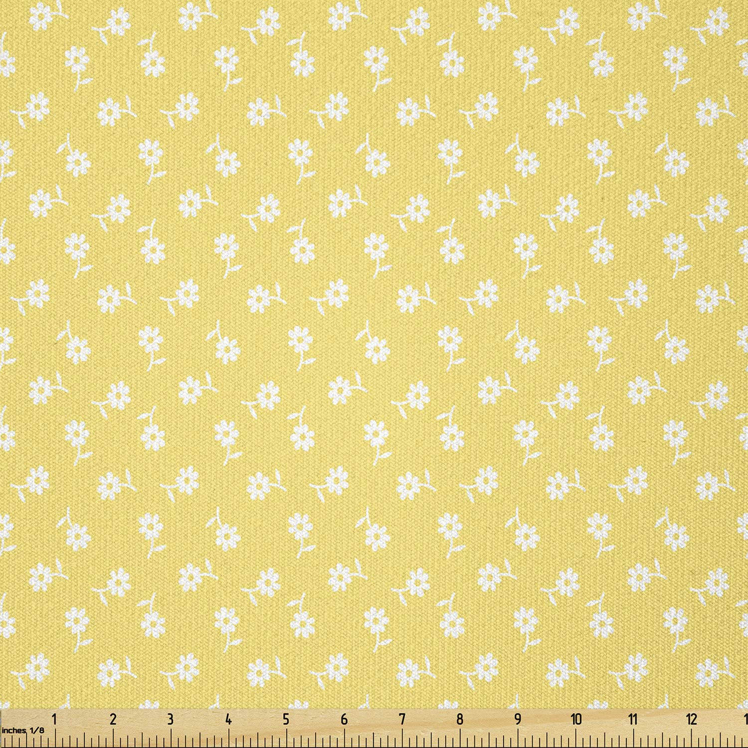 Lunarable Flower Fabric by The Yard, Simplistic Daisies Scattered Irregularly on Pastel Background Romantic Spring, Stretch Knit Fabric for Clothing Sewing and Arts Crafts, 3 Yards, Yellow White
