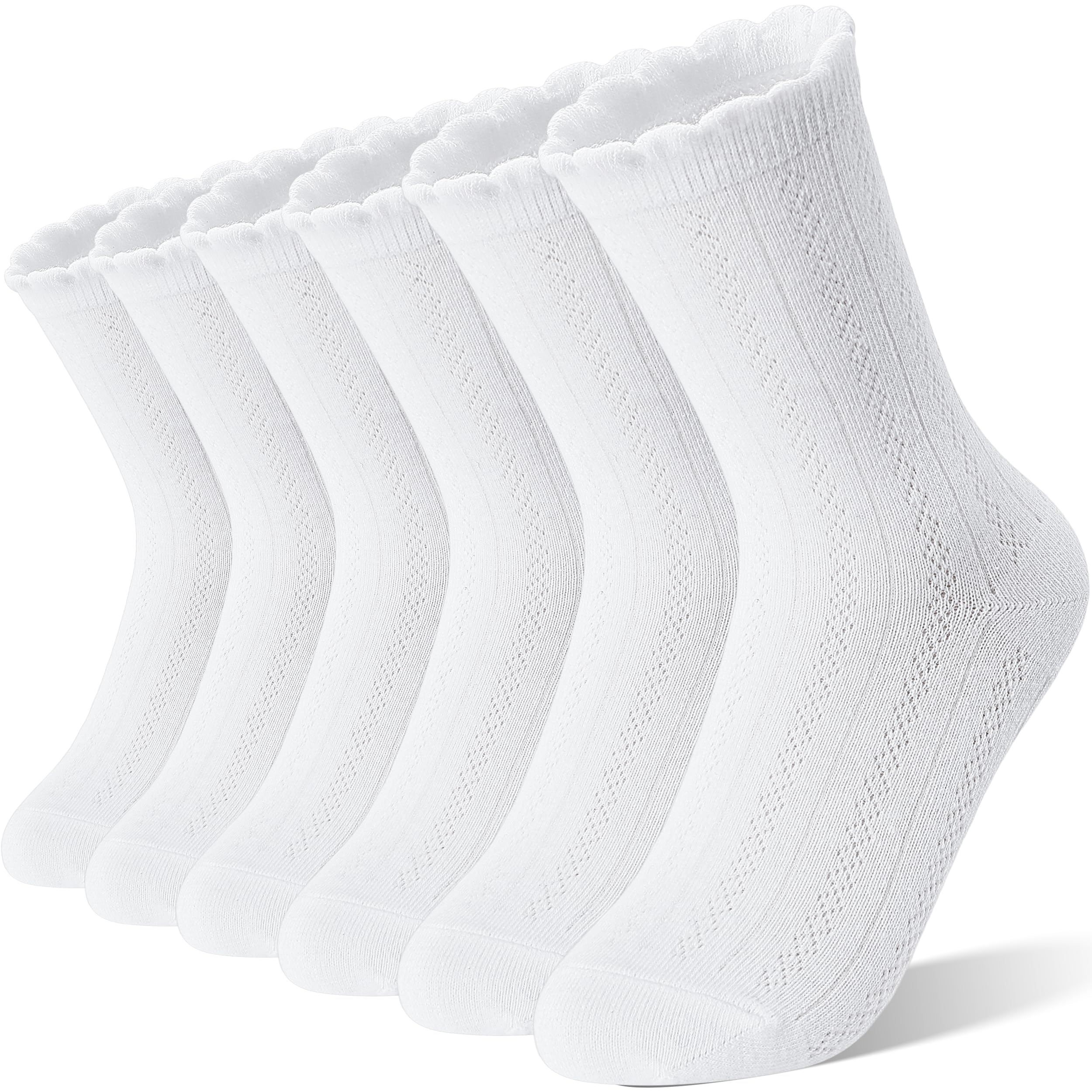 EBMORE Girls Kids Ruffle Socks Uniform School Dress Crew Cotton Textured Breathable Socks 6 Pairs