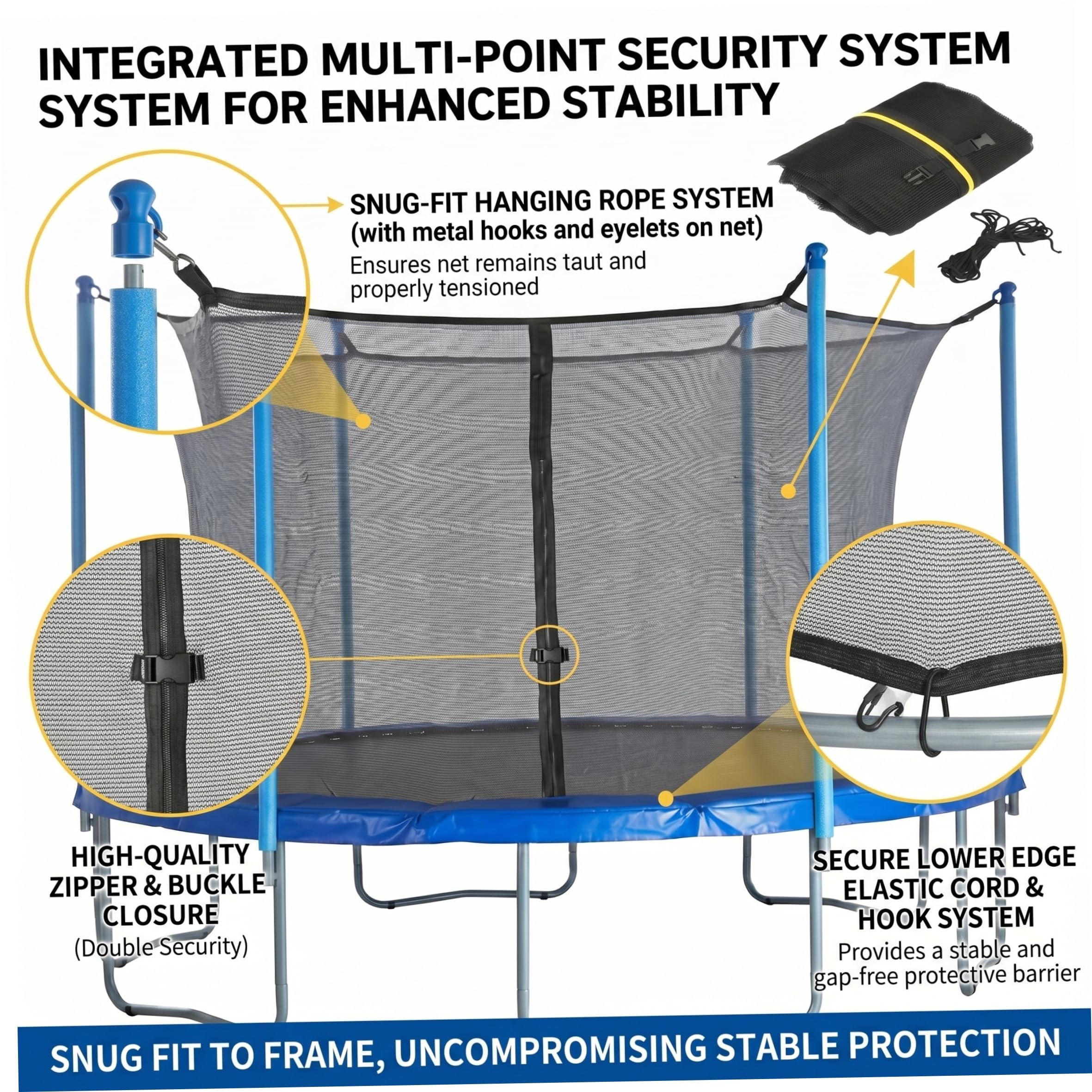 Rete di Sicurezza per Trampolino, Rete per Recinzione di Ricambio sicura per Trampolino con Cerniera e Fibbia, Nera, 6 Piedi