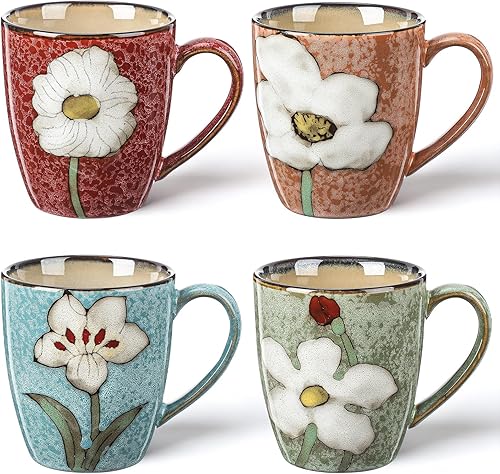 Miniatura 10 de Maxdot Juego de 2 tazas de café de cerámica de 12 onzas, proceso de esmaltado, taza de capuchino, tazas de té de cerámica floral, idea de regalo de
