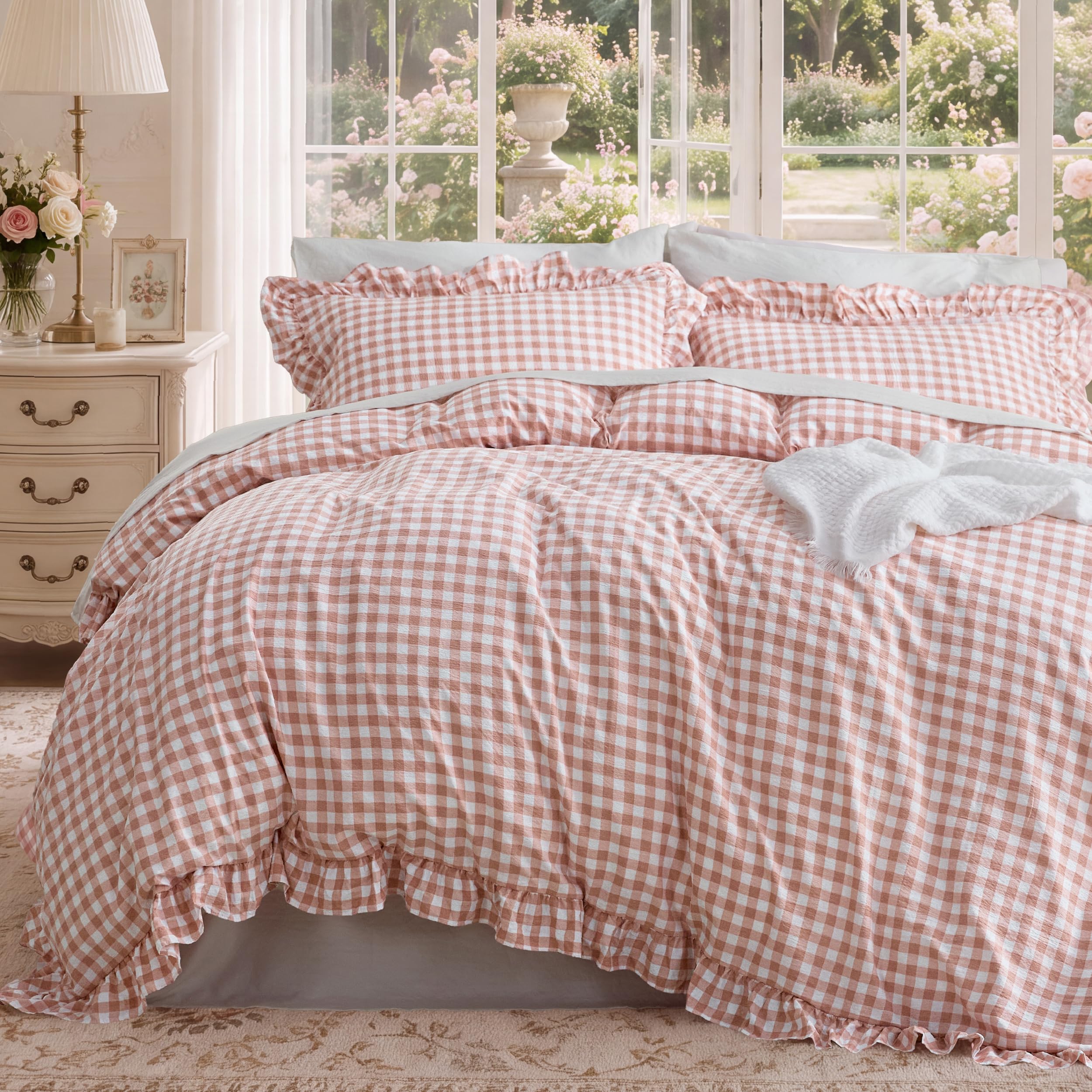 Bedsure Gingham Ruffle Duvet Cover Set, King, Cotton-Like Quilt Cover, Pink