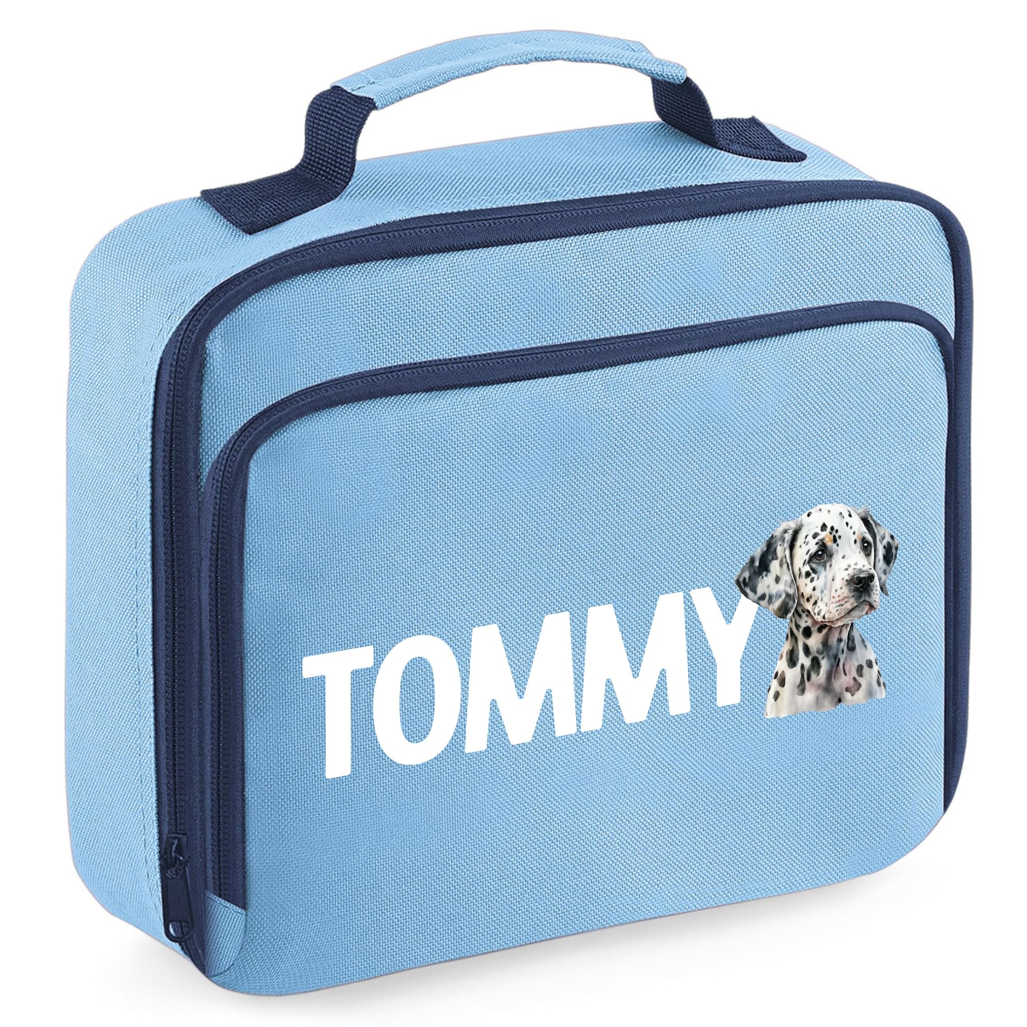 Personalised Dalmatian Lunch Box Kids Boys Girls Dog Puppy Back to School Accessories Toddlers, 24cm x 20cm x 8cm, Light Blue
