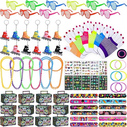 Winrayk 84 piezas de regalos de fiesta de los años 80 y 90, suministros de cumpleaños, gafas de obturador, caja de regalo, guante, collar, lazo para