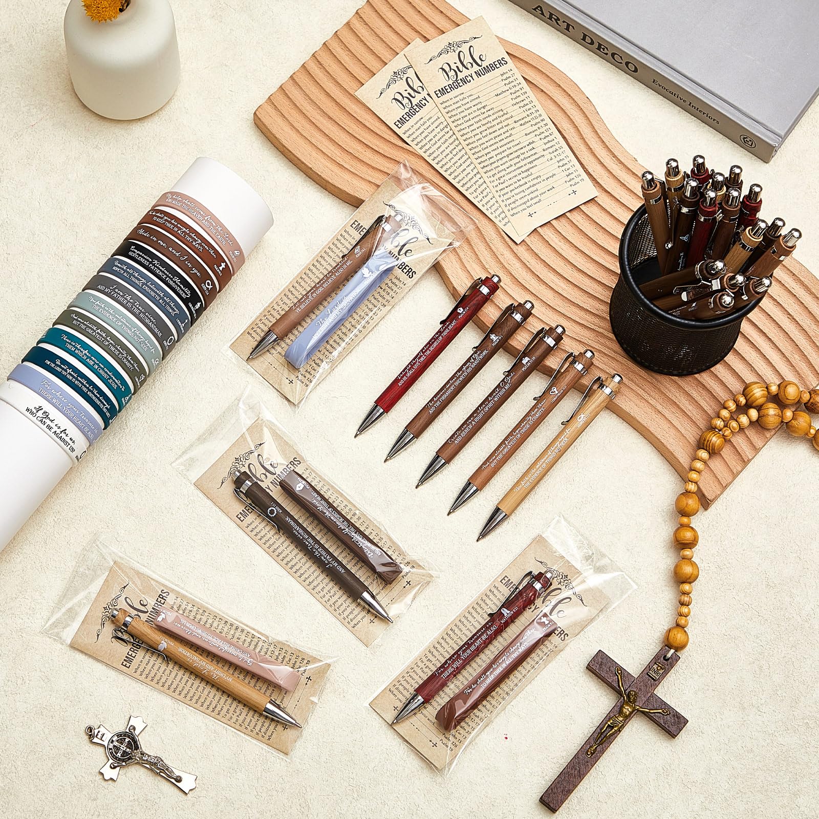 Feifeiya 50 Sets christliche Kirchengeschenke, Bibelvers, Bambusstift, religiöses Silikon-Armband, Notfallnummer, Lesezeichen, Bibelstudium, Geschenk für Frauen, Männer, Vatertag
