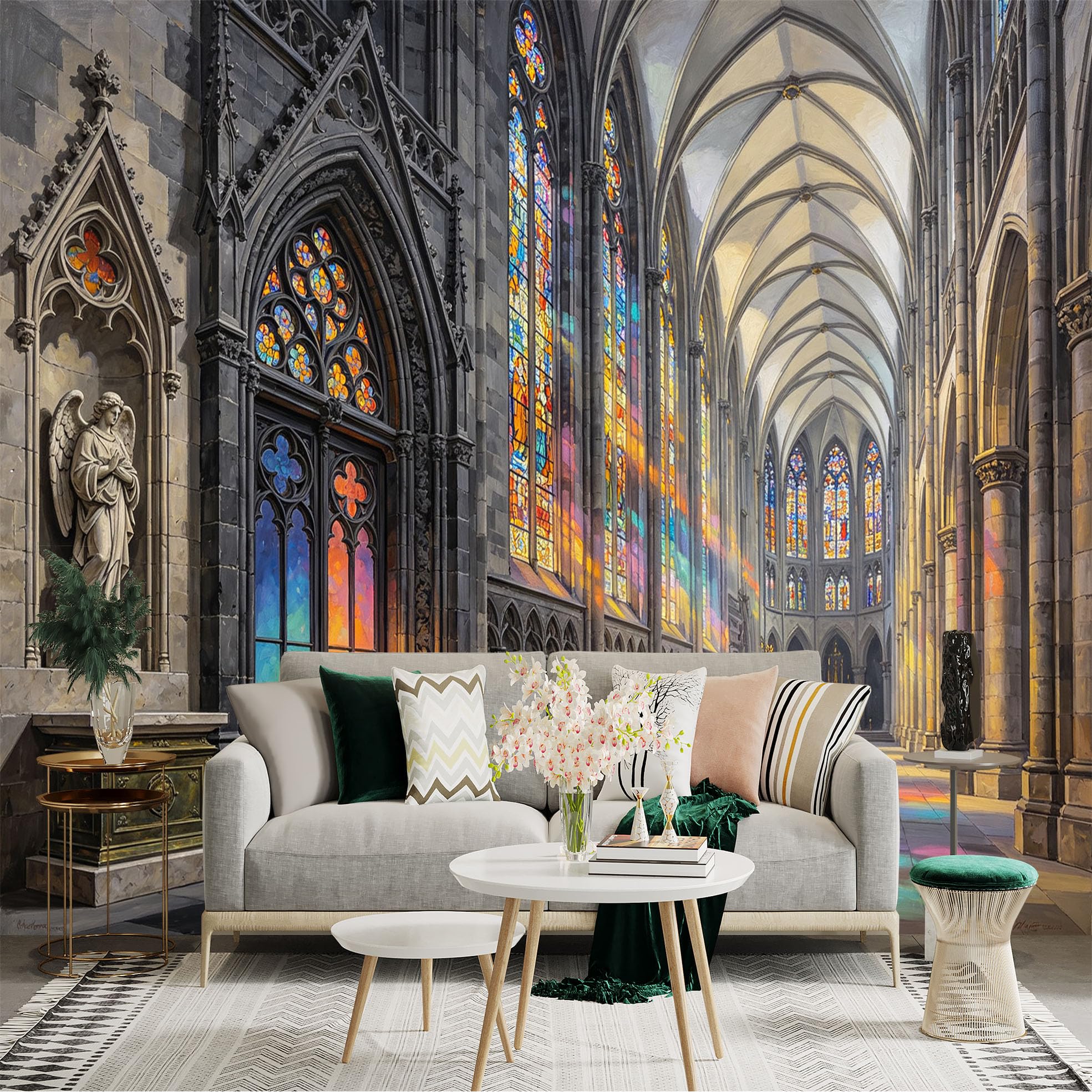 Custom Size Wall Sticker Mural， Gothic Cathedral Interior， Stained Glass Windows， Grand Hall Architecture， for wall Decoration， peelandstick wall Decals.