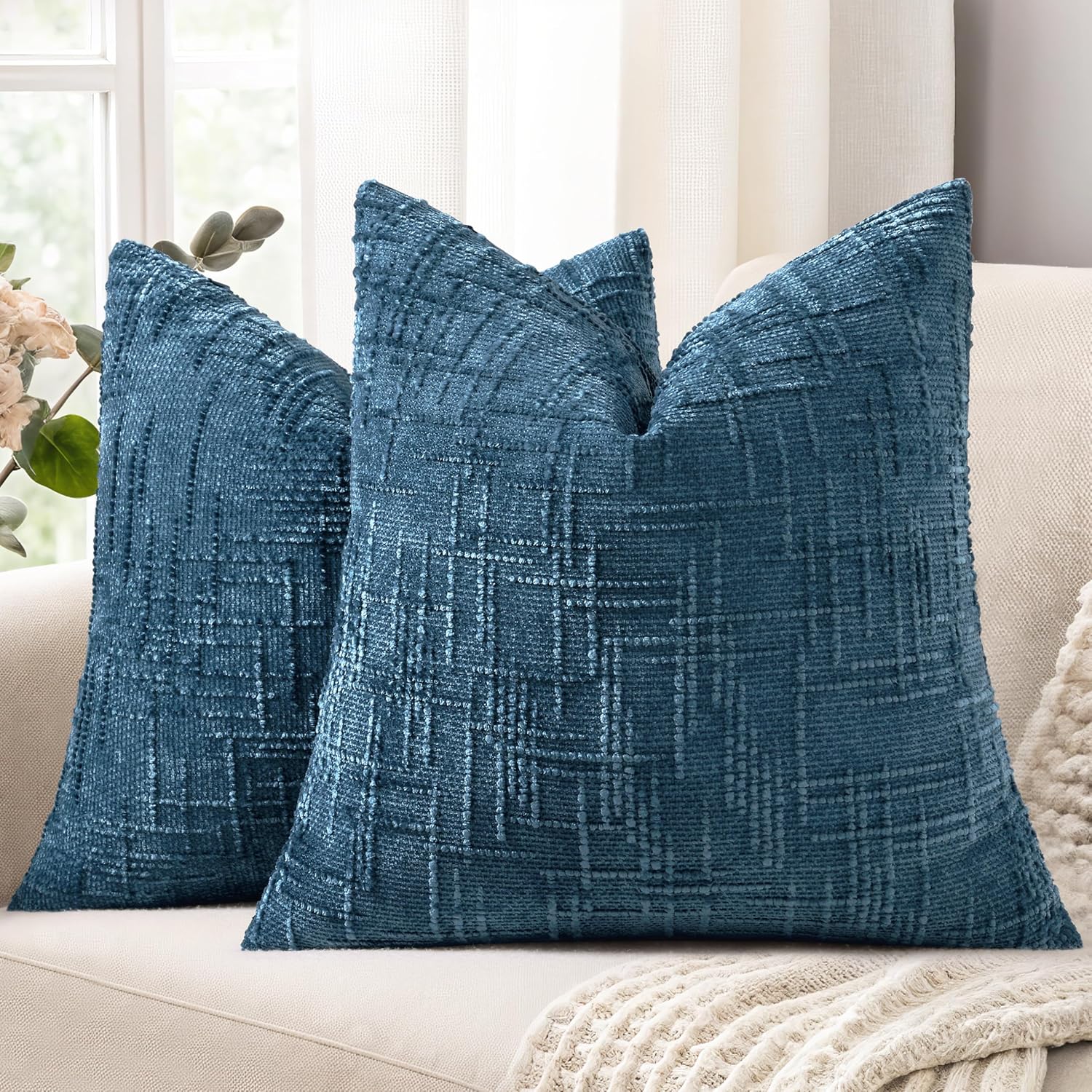 decorUhome Navy Blue Chenille Throw Pillow Covers 20x20 Set of 2 Thick Textured Slubby Couch Pillow Covers Farmhouse Accent Modern Neutral Decorative Pillow Cases for Bed Sofa Living Room Navy Blue 20" x 20" (Pack of 2)