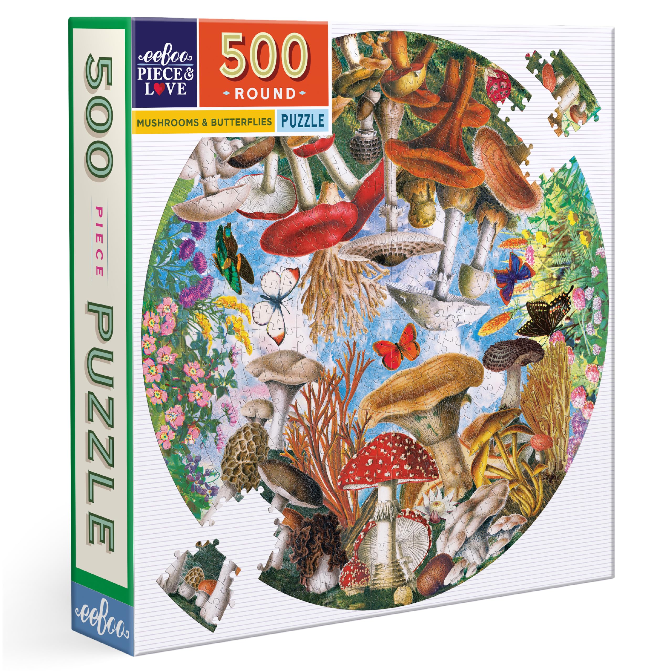 Mushrooms and Butterflies 500 Piece Round Jigsaw Puzzle, 23" Diameter