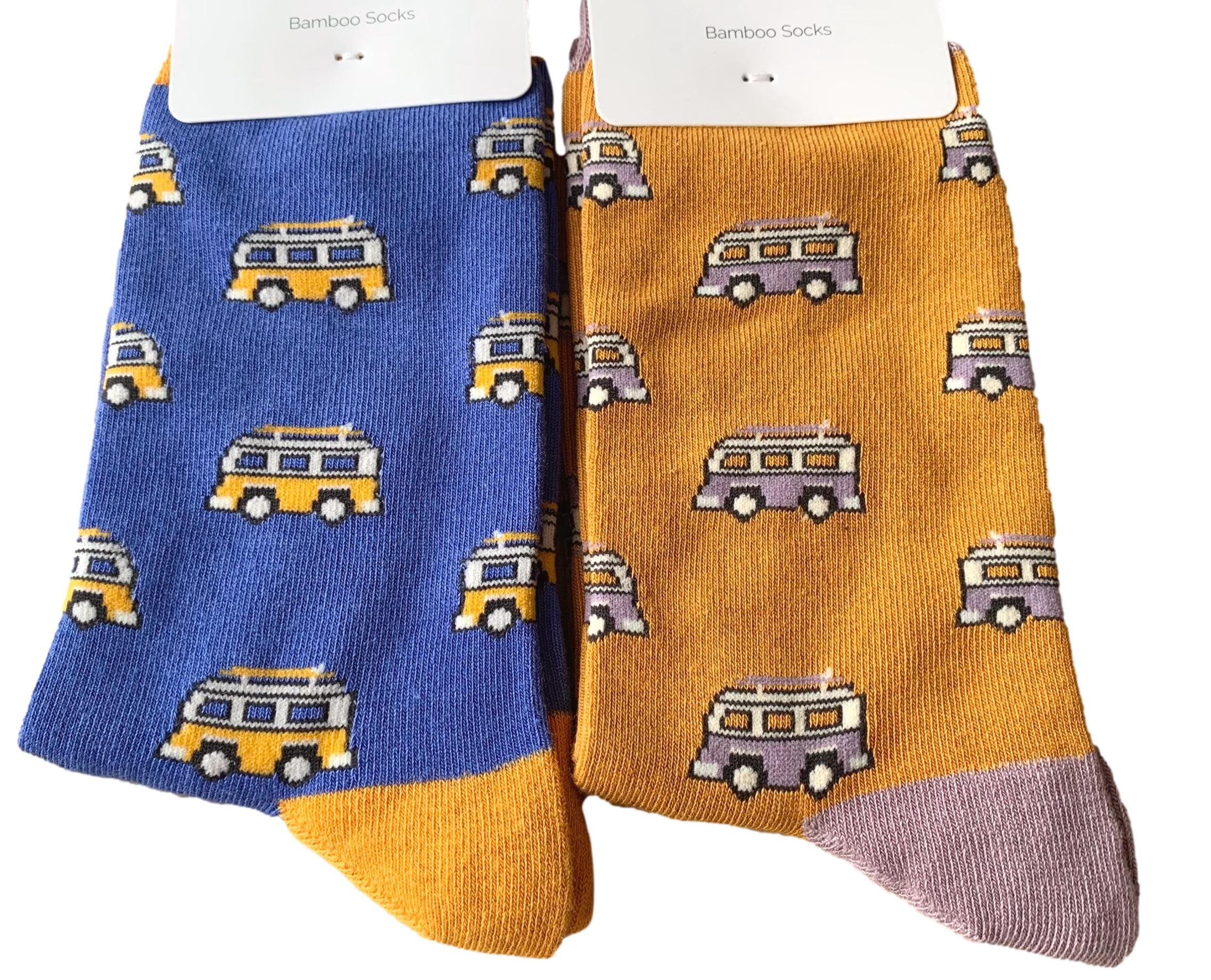 Purple Possum® Mens Socks Camper Van 2 Pair Multi Pack Blue Mustard Yellow Novelty Bamboo Cotton Size 7-11