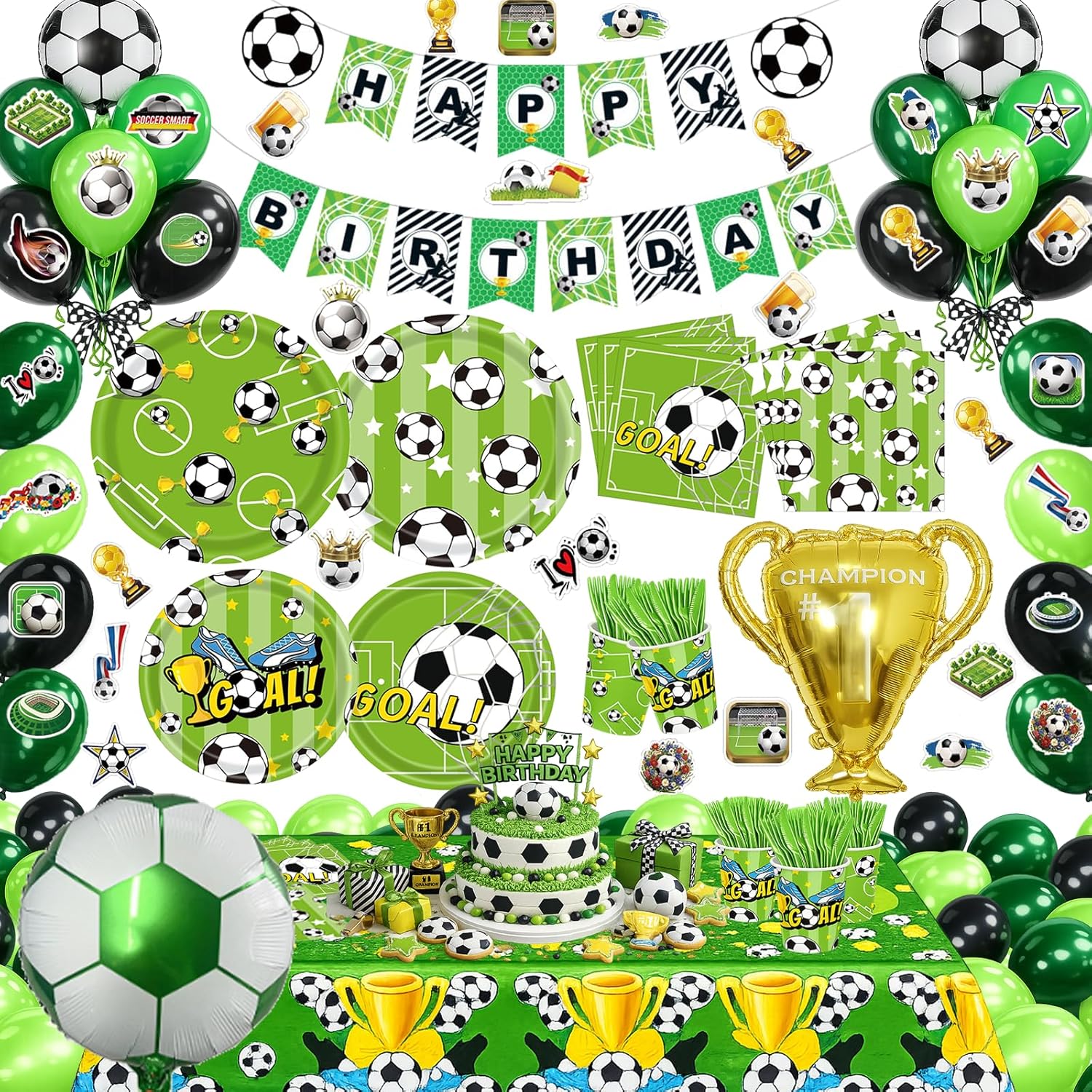219pcs Soccer Birthday Party Decorations Set – Soccer Party Decorations Kit with Tablecloth, Banner, Napkins, Balloons, Stickers & Tableware – Soccer Themed Party Decorations Serves 24