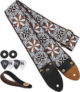 Nefelibata Guitar Strap, Yellow Flowers, Three Spikes Leather Ended Acoustic Guitar Electric Guitar Bass Guitar Straps, Free with Lock and Head Strap