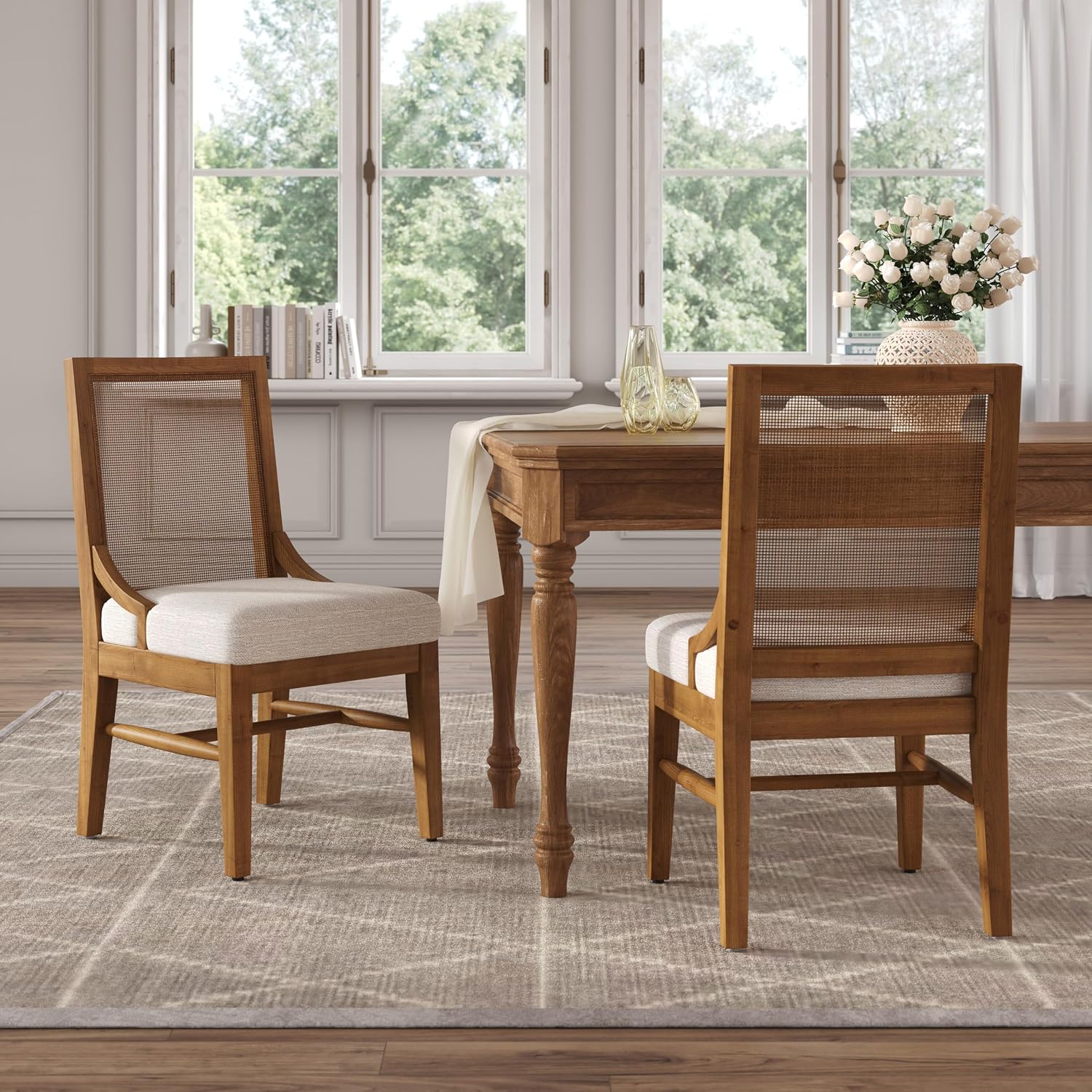 Christopher Knight Home Relinga French Country Upholstered Dining Chairs Set of 2, Wooden Dining Room Armless Chair with Cane Backrest, High Back Kitchen Side Chair, Beige+Walnut