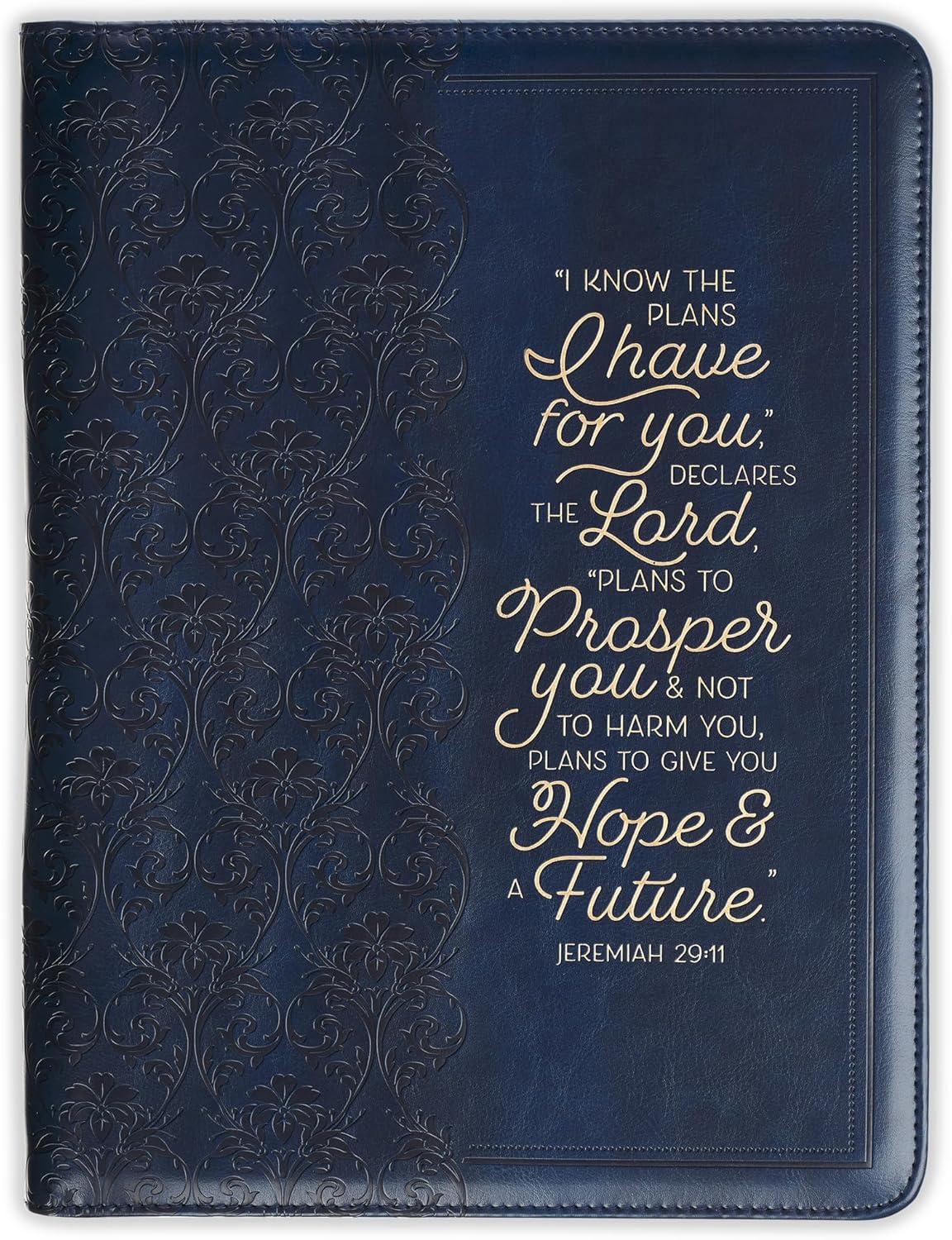 Christian Art Gifts Premium Vegan Leather Inspirational Scripture Zippered Portfolio for Women & Grads: I Know the Plans Bible Verse, Notepad/Pen/Highlighter Combo, Card Slots, Navy Blue & Gold Floral