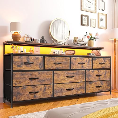 Miniatura 7 de Cómoda de 55 pulgadas de ancho para dormitorio con 10 cajones de tela, cómoda larga con luces LED y tomas de corriente, cómodas anchas y cajoneras,