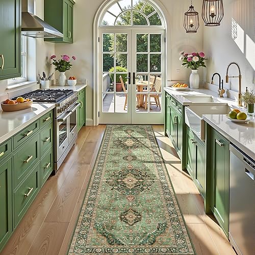 Miniatura 41 de Tapete verde para pasillo de 2 x 6 pies, tapete lavable, vintage, largo y envejecido con parte trasera antideslizante de goma, para cocina y Verde