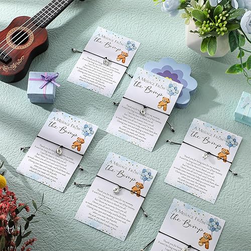 Miniatura 10 de Thyle 50 juegos de recuerdos de baby shower para invitados, 50 pulseras ajustables con 50 mensajes de las huellas de la tarjeta de golpe, pulseras