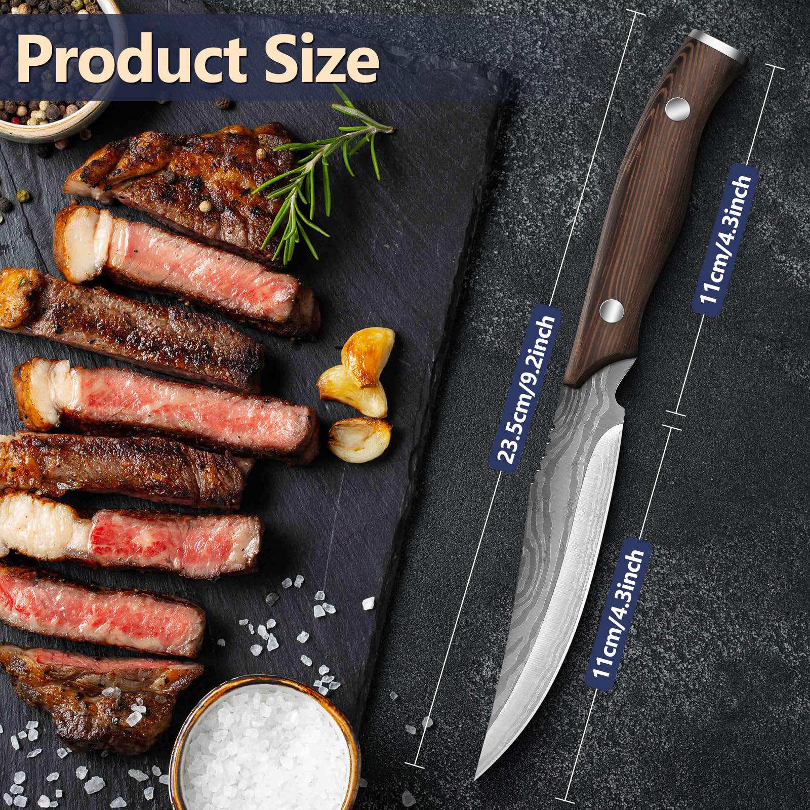 Dragon Creek - Set 6 couteaux à steak en acier inoxydable, manche bois. Pour maison & restaurant. Tranchants, boîte cadeau. Idéal pour hommes, femmes, parents.