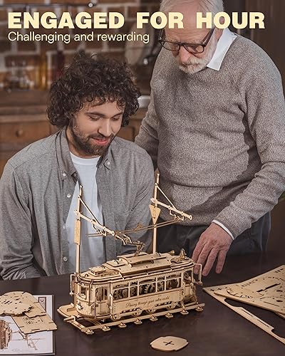 Miniatura 5 de RoWood Rompecabezas de madera 3D para adultos, kit de modelo de tranvía mecánico, rompecabezas 3D para adultos, kit de construcción de modelos de