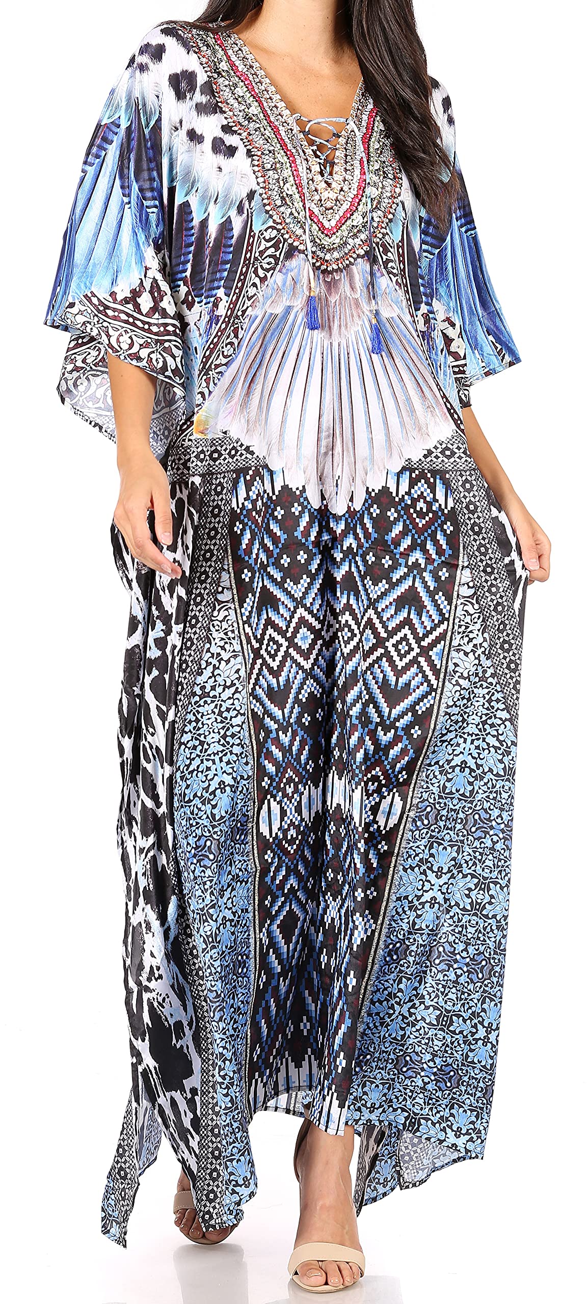 Sakkas Yeni Women's Short Sleeve V-Neck Summer Floral Long Caftan Dress Cover-up