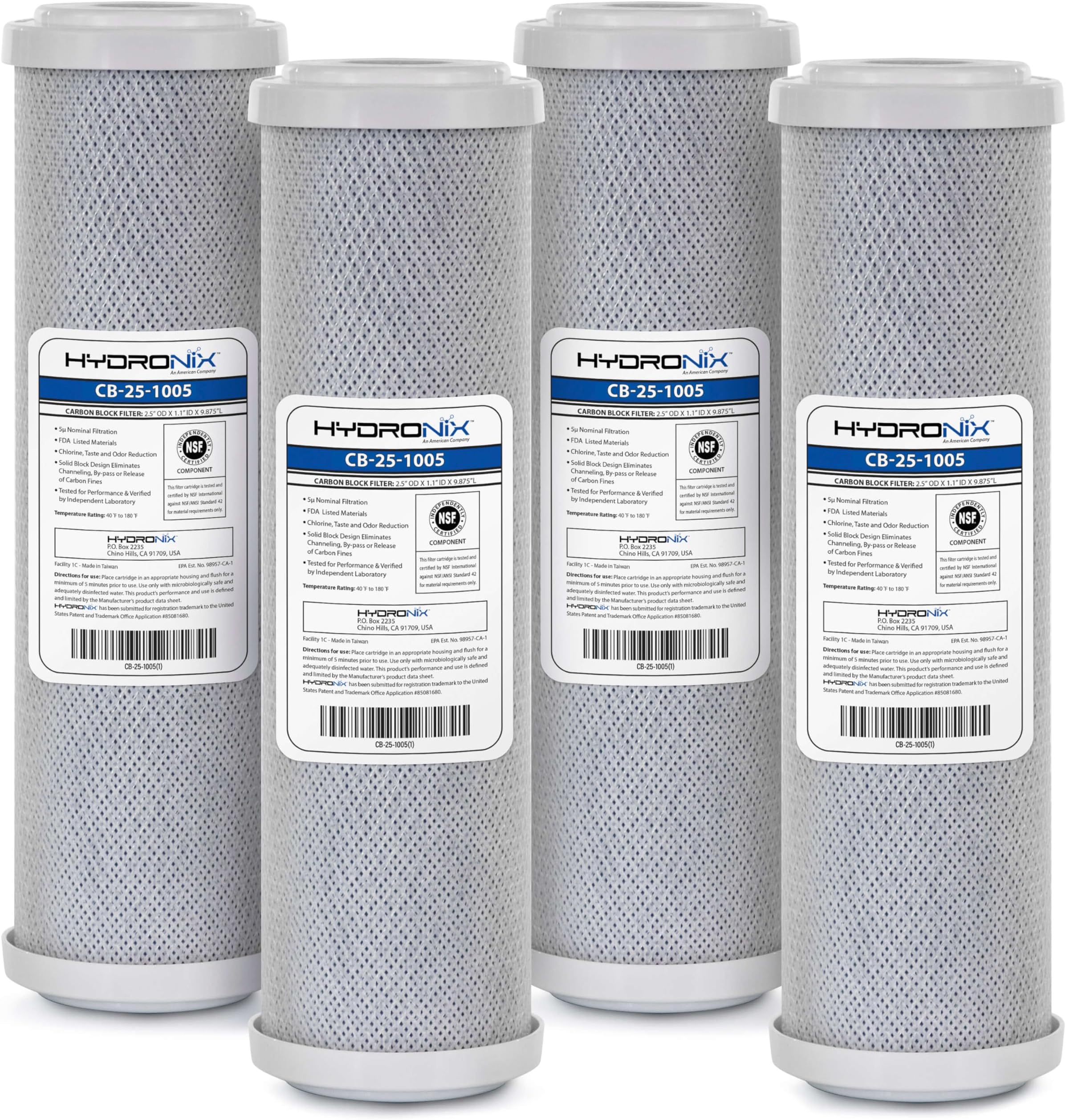 Hydronix CB‑25‑1005 Whole House Coconut Carbon Block Water Filter – 5-Micron Replacement Cartridge for RO & Drinking Water Systems | Standard 2.5 x 10 Inch Filter Housings (4 Pack)