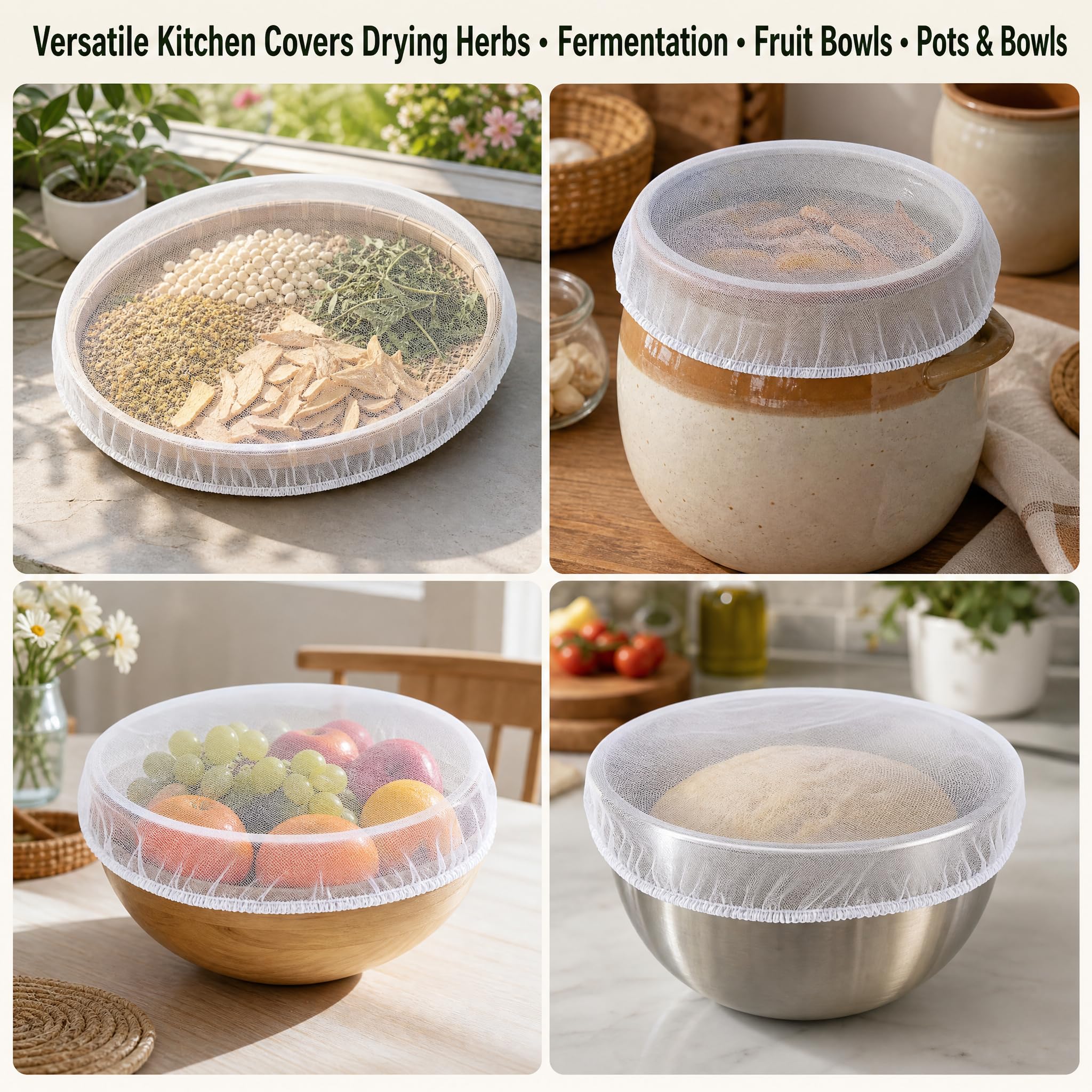 4er Set Lebensmittelabdeckung aus Mesh 20-30cm | Weißes Insektenschutznetz für Trocknen, Gären & Töpfe - Lebensmittelecht, Luftdurchlässig & Sicher