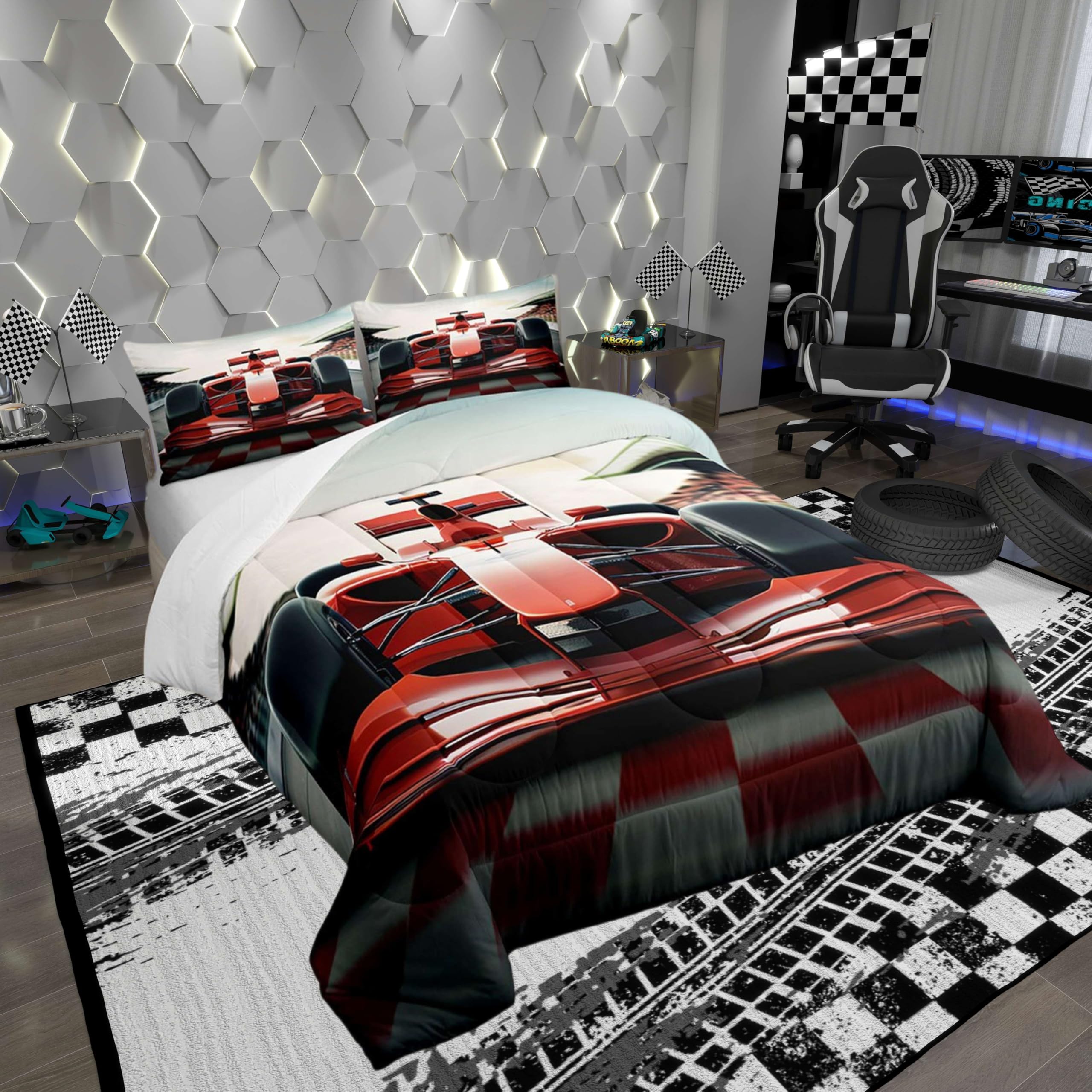Manfei Cool Racing Car Boys Girls Comforter Set Full Size,3D Red Formula Car Duvet Set Teens Bedroom Decor,Racing Speed Sport Microfiber Soft Bedding