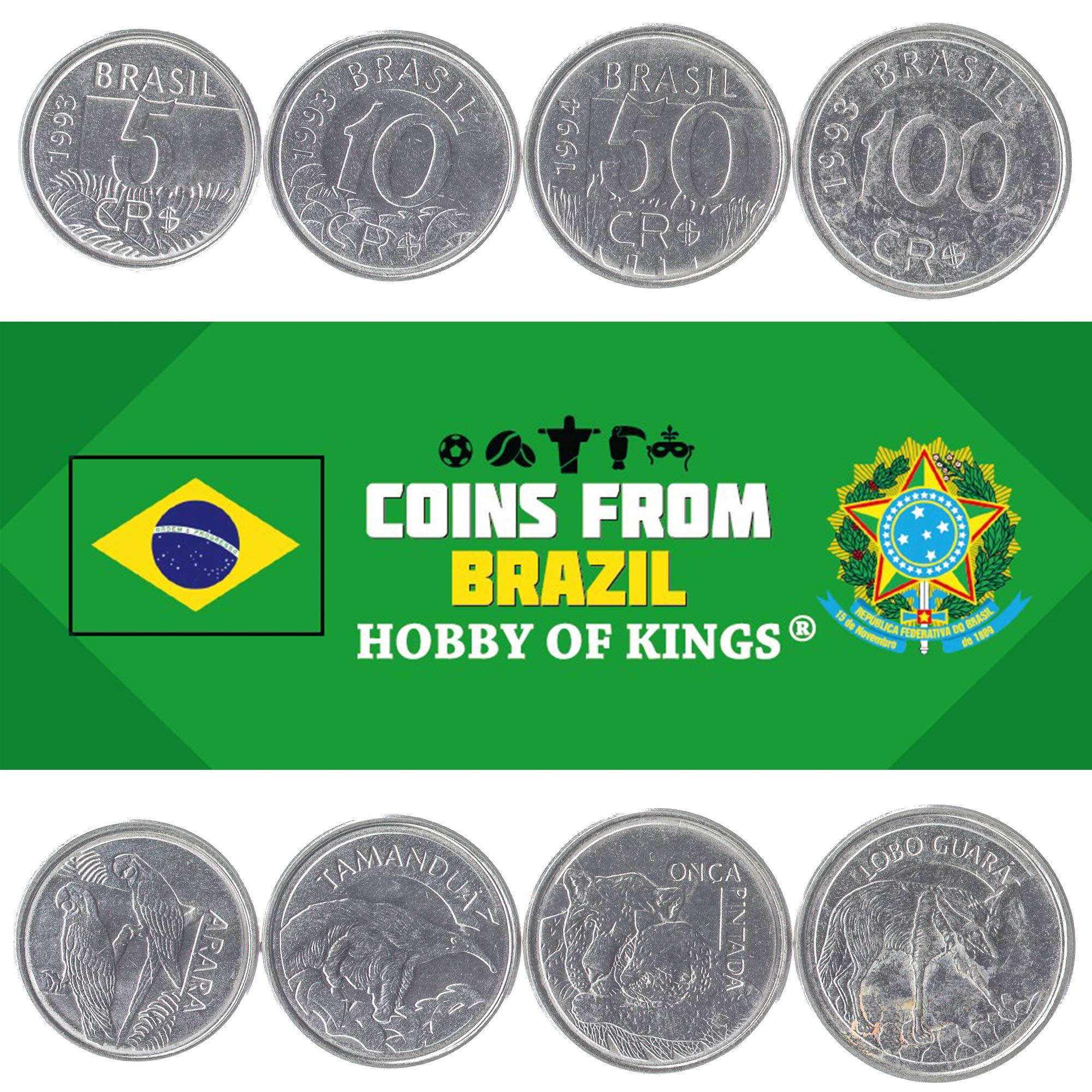 Set of 4 Coins from Brazil. 5, 10, 50, 100 CRUZEIROS REAIS. Brazilian Currency 1993-1994