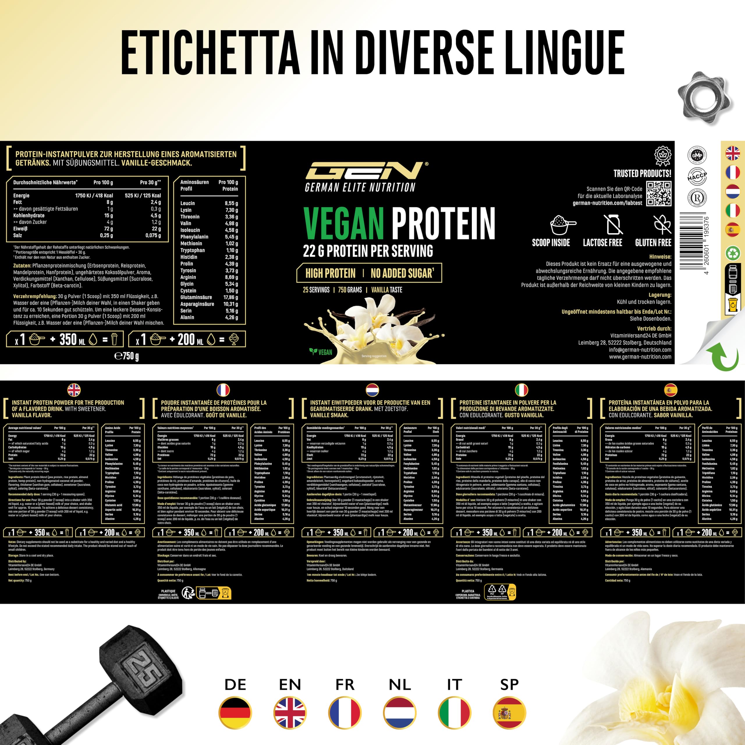 Proteine vegane in polvere - Proteine vegetali da piselli, riso, mandorle e canapa - Senza soia - Deliziose e cremose - (750 g, vaniglia)