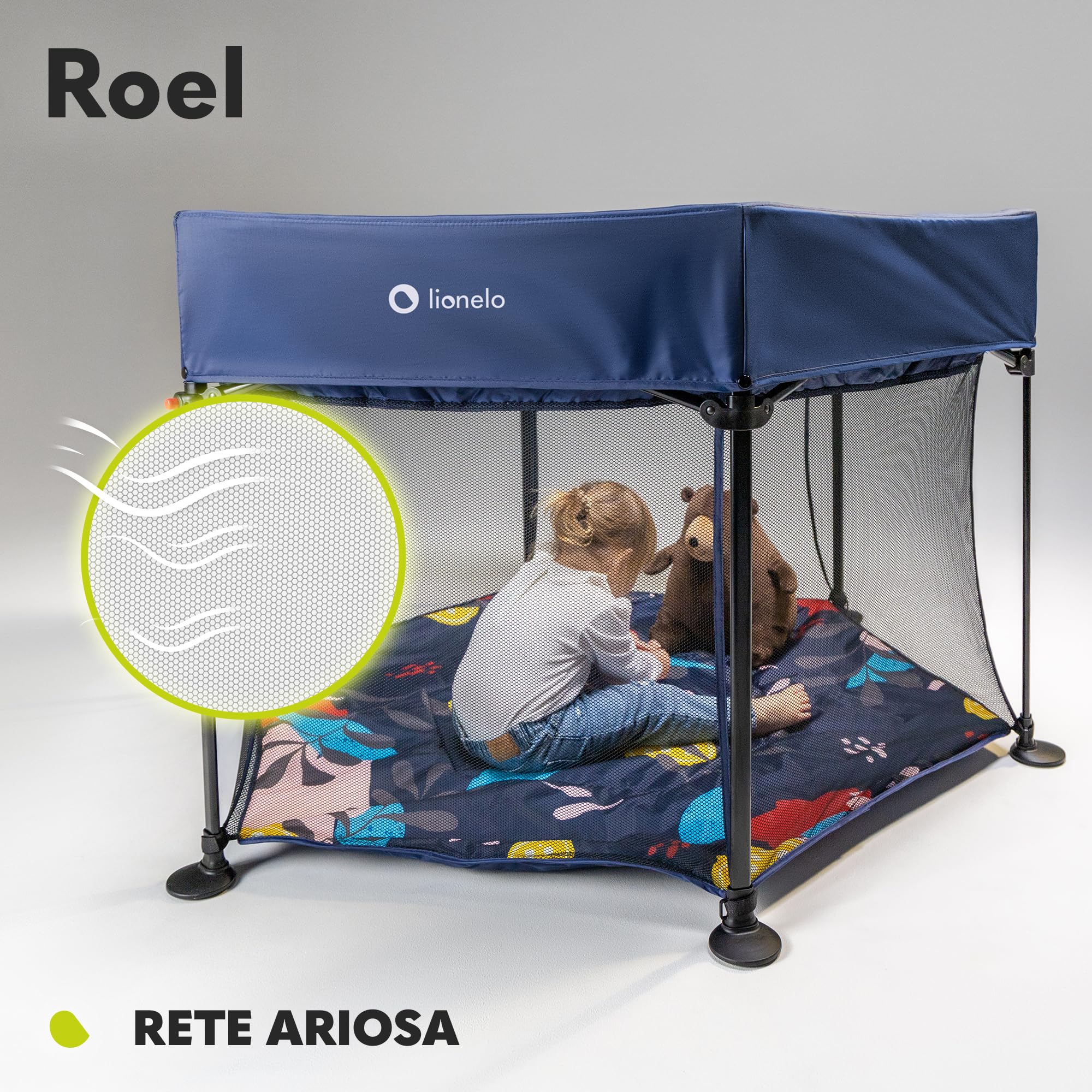 LIONELO Roel box bambini da 6 mesi fino a 15kg forma esagonale grandi dimensioni 135 x 118 x 83 cm Blocco di piegatura LockGuard, le pareti trasparenti, Gambe antiscivolo, Piegatura facile, Borsa