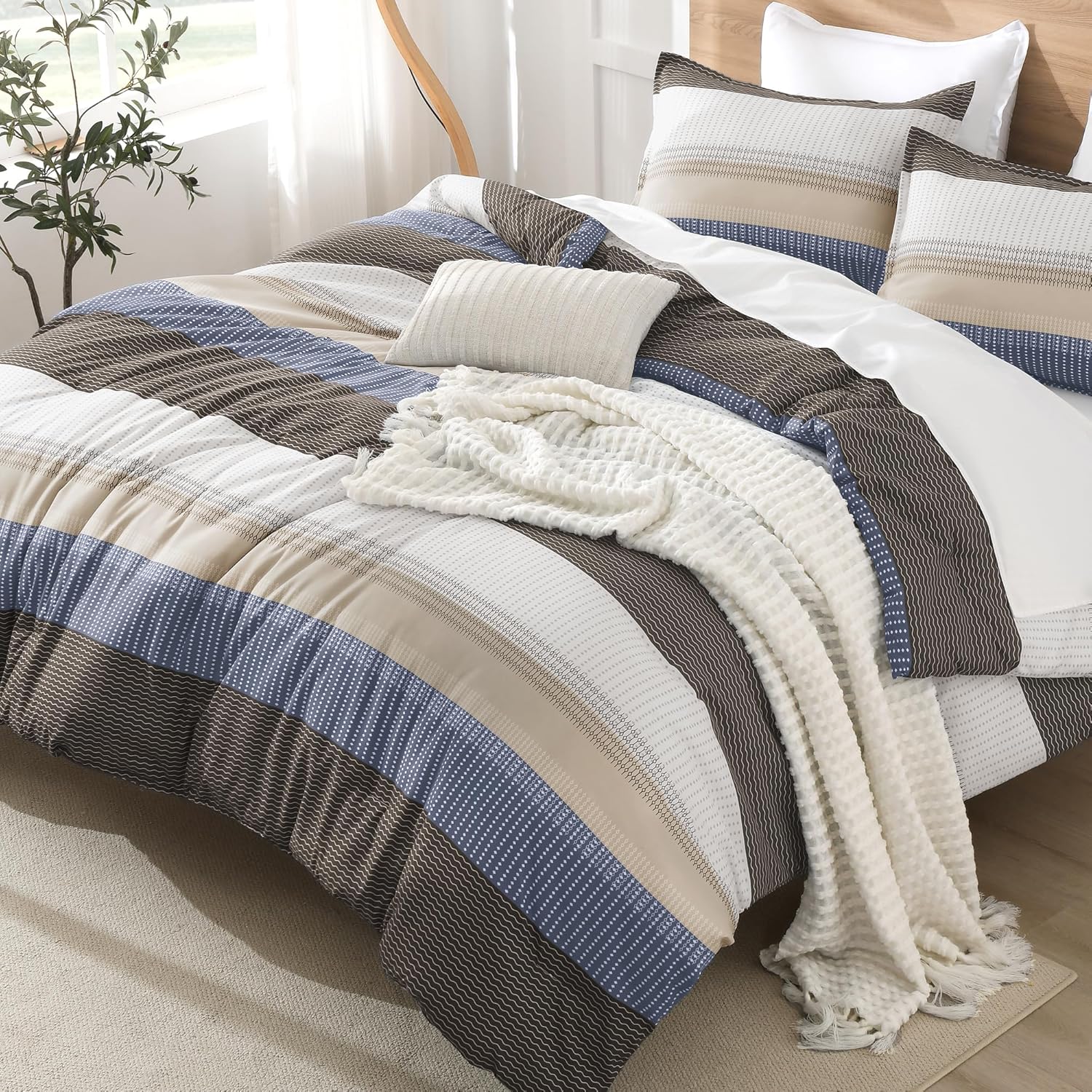 Litanika Full Comforter Set Blue Brown - 3 Pieces Lightweight Fluffy Bedding Comforter Sets, All Season Down Alternative Comforter (1 Comforter, 2 Pillowcases)