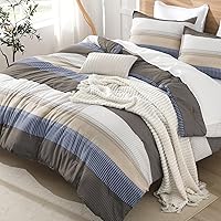 Vista 24 de Litanika Juego de edredón tamaño Queen, color gris claro, 3 piezas, ligero, gris y blanco, a rayas, esponjoso, juego de cama para todas