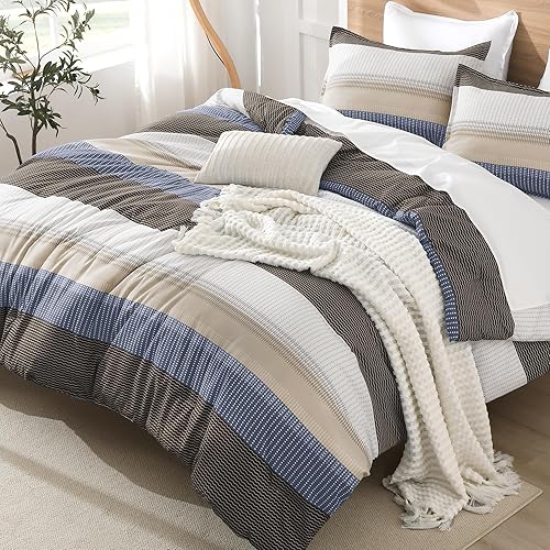 Miniatura 24 de Litanika Juego de edredón tamaño Queen, color gris claro, 3 piezas, ligero, gris y blanco, a rayas, esponjoso, juego de cama para todas