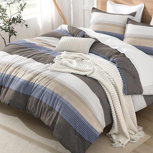 Litanika Queen Comforter Set Blue Brown - 3 Pieces Lightweight Fluffy Bedding Comforter Sets, All Season Down Alternative Comforter (1 Comforter, 2 Pillowcases)