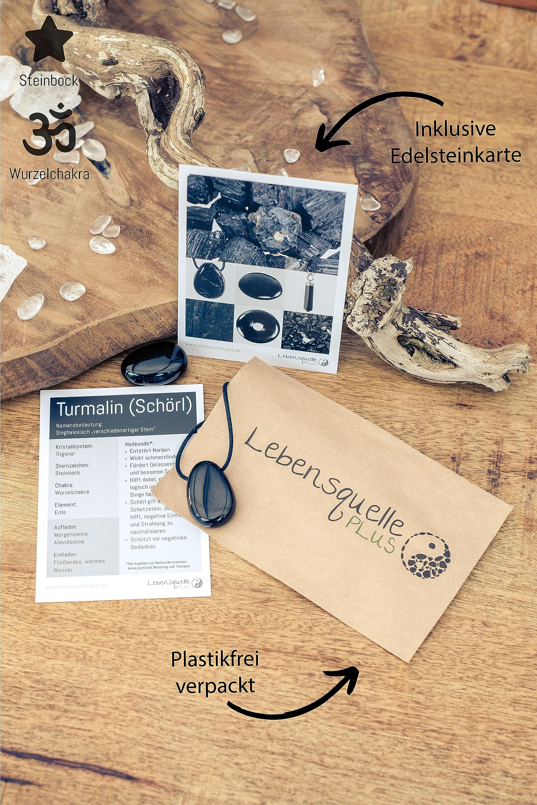 Lebensquelle Plus Kamień szlachetny Donut Ø 30 mm + wstążka bawełniana + karta kamieni szlachetnych | wisiorek z kamienia naturalnego naszyjnik | prawdziwy naszyjnik z kamieni leczniczych z wstążką