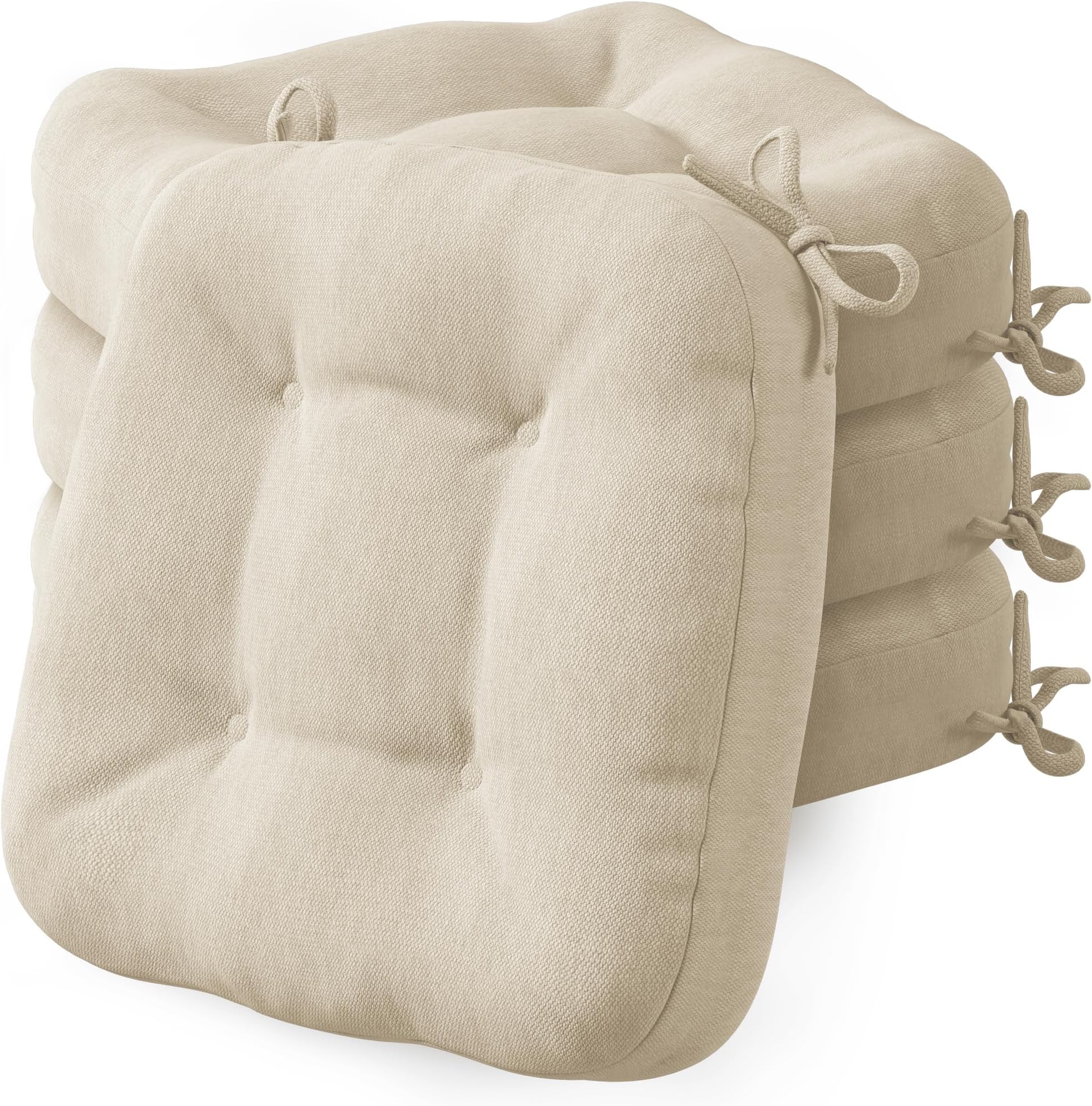 Codi Chair Cushions for Dining Chairs 4 Set, Kitchen Room Thick Seat Cushion, Non-Slip Indoor Pads with Ties, Washable - 16.5" x 16.5" x 3.5", Memory Foam Add, Beige, 4 Pack