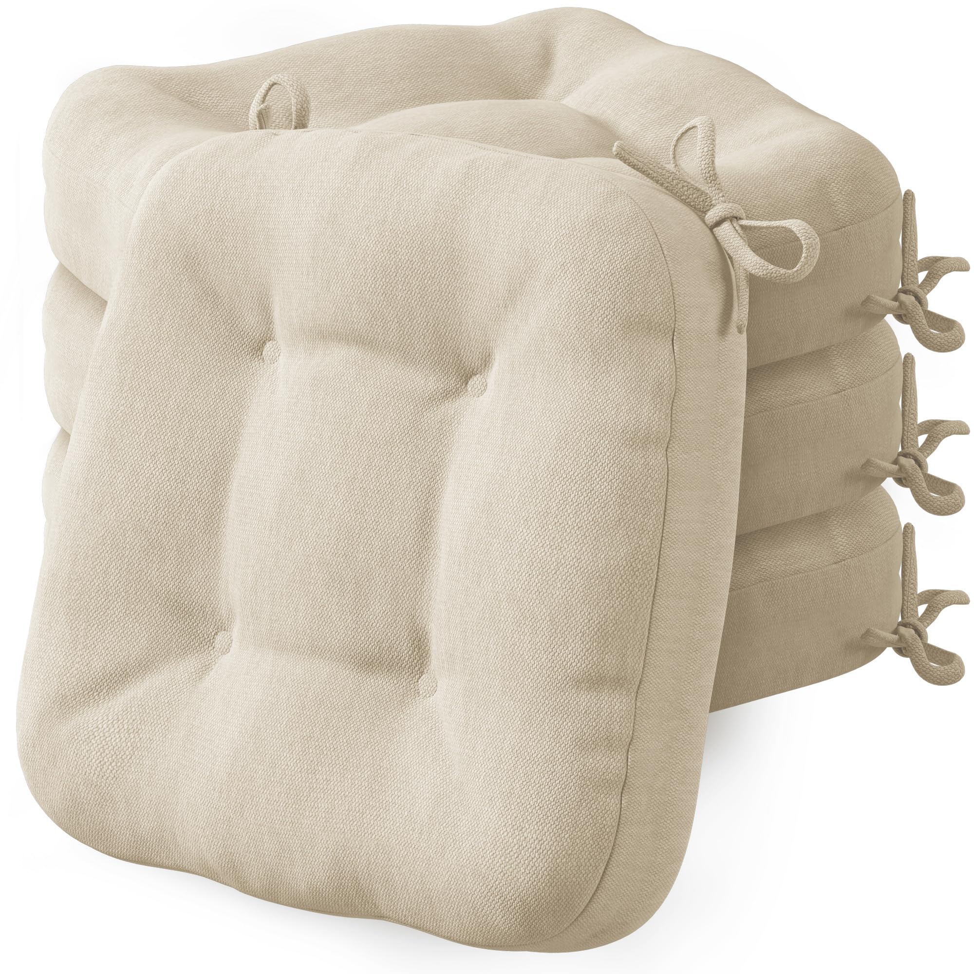 Codi Chair Cushions for Dining Chairs 4 Set, Kitchen Room Thick Seat Cushion, Non-Slip Indoor Pads with Ties, Washable - 16.5" x 16.5" x 3.5", Memory Foam Add, Beige, 4 Pack