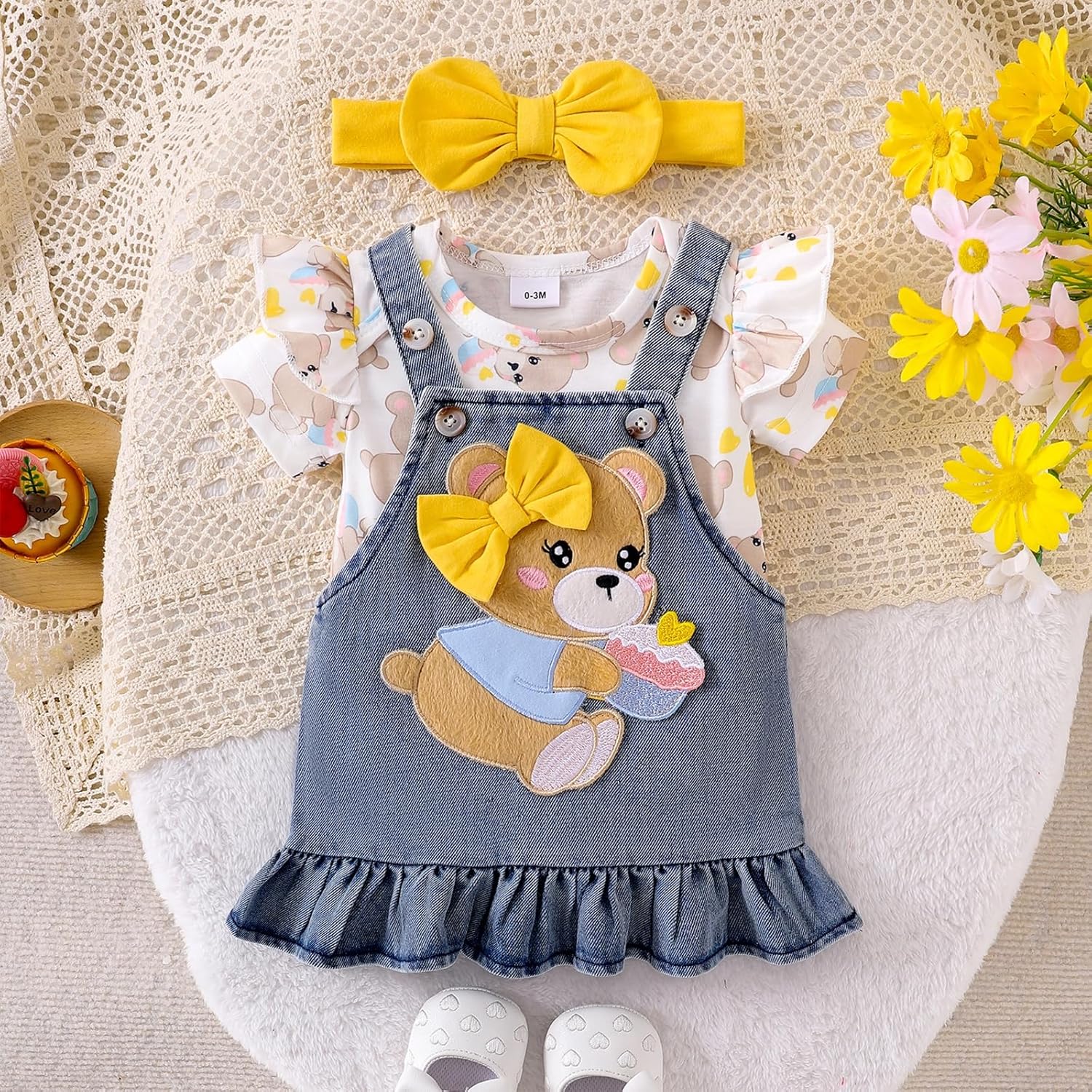 Baby Girl Clothes Suspender Skirt Newborn Ruffle Romper Cute Bear Jeans Dress Bow Headband Summer Outfits 0-18 Months - Image 2