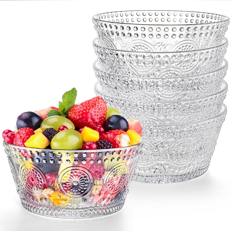 6 Pack Small Glass Bowls Set, 12 Oz Embossed Prep Dessert Bowls | Stackable Snack Serving Bowls Side Dishes for Dipping, Yogurt, Cereal, Candy, Ice Cream
