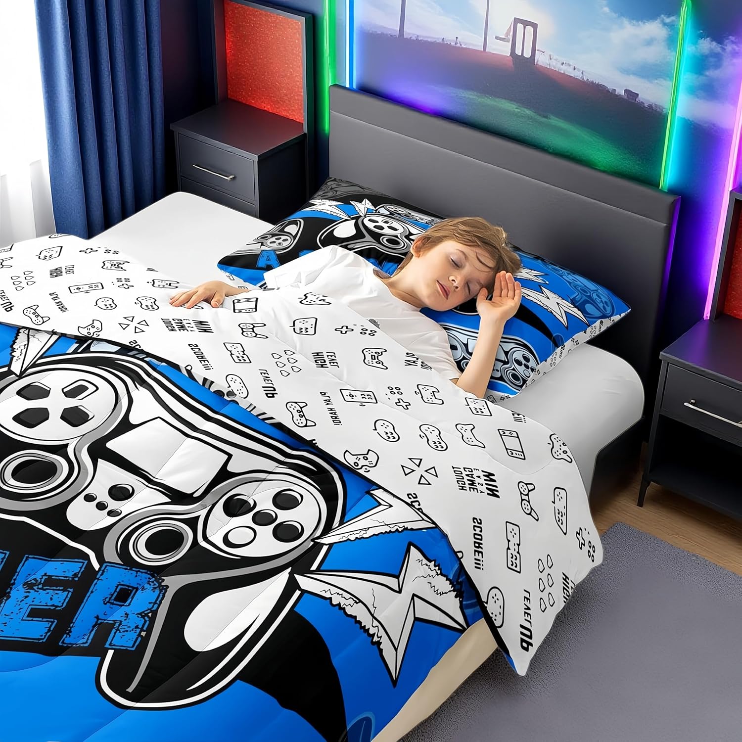 Erosebridal Twin Comforter Set for Boys Girls Kids, Gamer Comforter Set for Boys Teens, Gaming Console Bedding Decor Blue Black 2Pcs