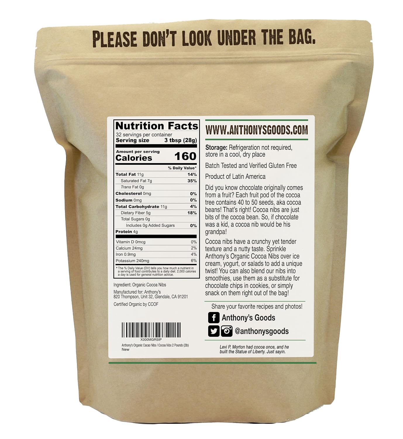 Anthony's Organic Cacao Cocoa Nibs, 2 lb, Batch Tested and Verified Gluten Free