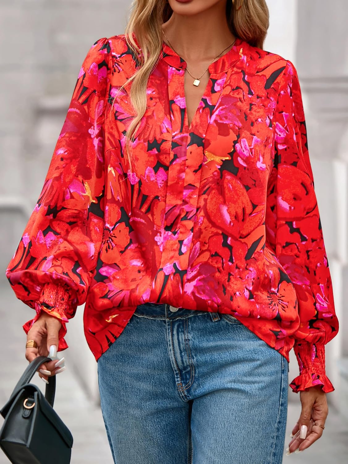 MASCOMODA Womens Boho Floral Long Sleeve Tops Fall Fashion 2025 V Neck Loose Chiffon Work Blouses Dressy Casual Ruffle Shirts - Image 2