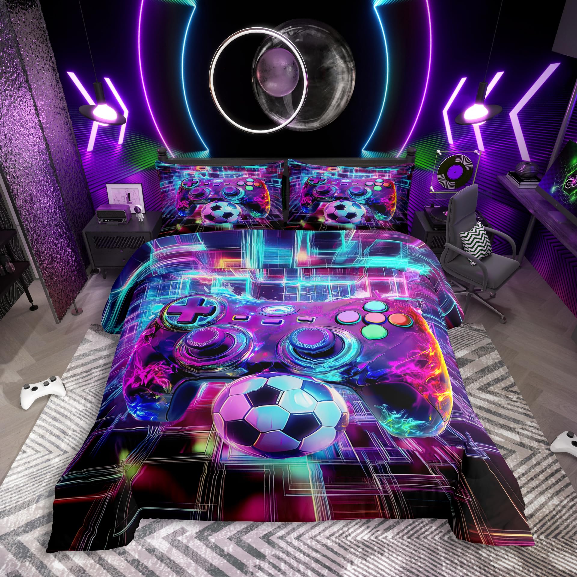 Homewish Gaming Gamer Bettwäsche 135x200 Jungen,3D Neon Geometrie Fußball Sport Ball Blöcke Linie Spielkonsolen Bettbezug Set für Kinder Jugendliche,Fußball Bettwäscheset Videospiele Schlafzimmerdeko