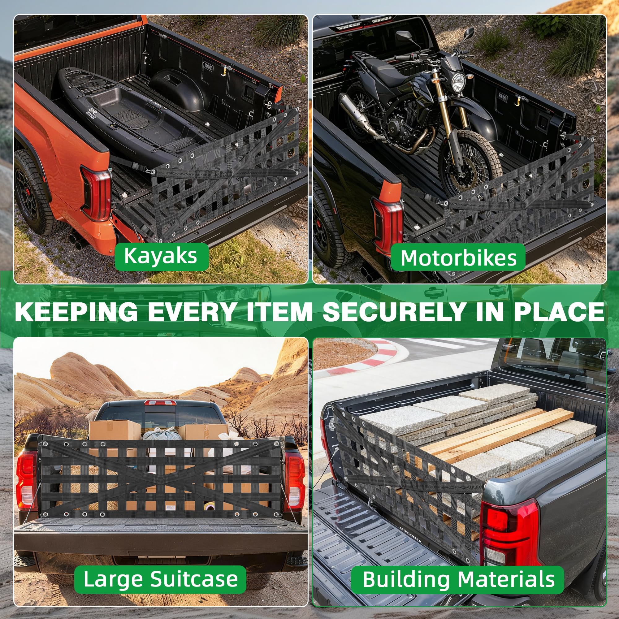 Strapazierfähiges Heckklappennetz für Pickup-LKW-Bett, 152,4 x 45,7 cm, mit 4 verstellbaren Schnallenriemen, langlebiges Heckklappen-Gepäcknetz für Anhänger, Pickup, Boot, Jeep, SUV