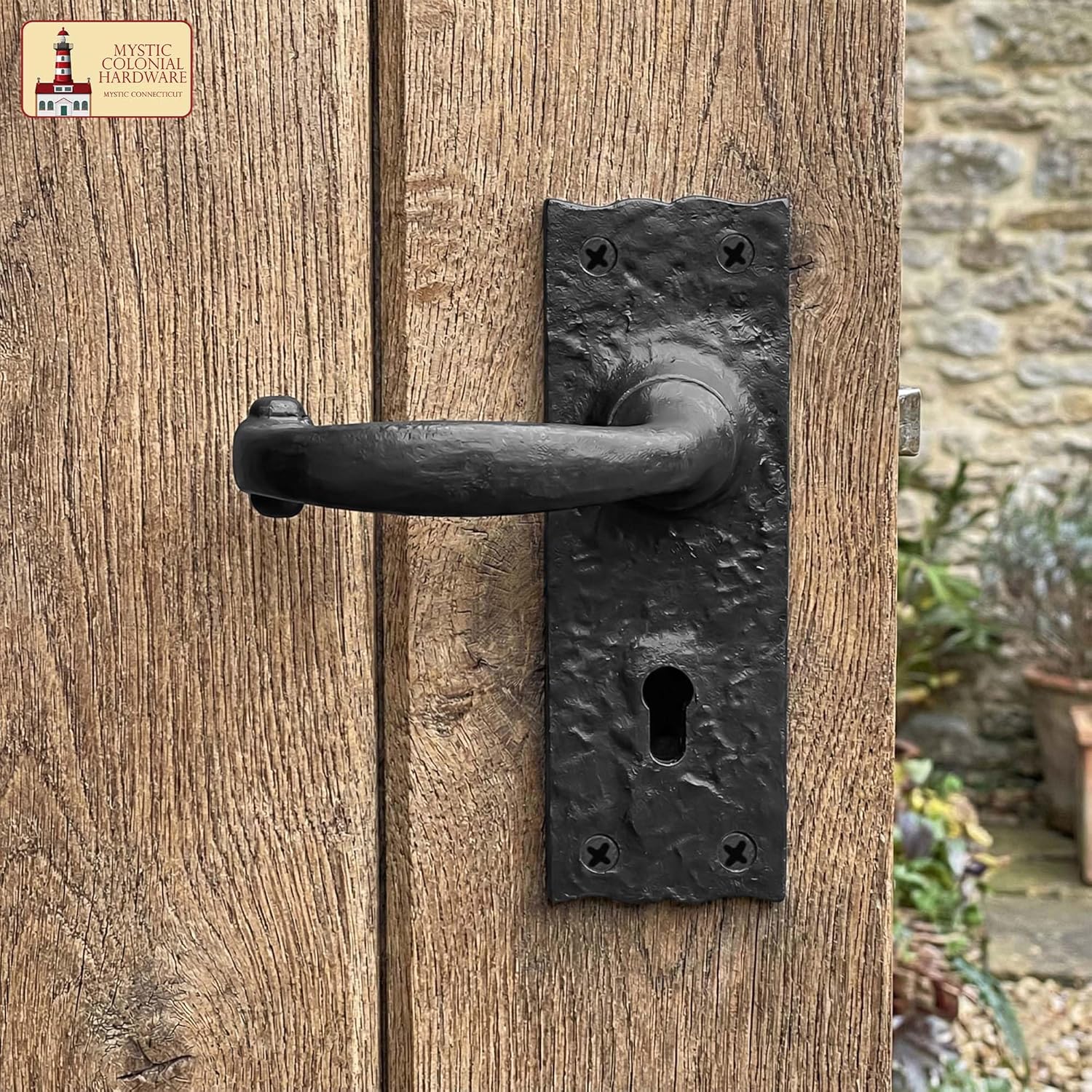 Mystic Colonial Medieval Iron Door Lever Handle Set - Hand-Forged Black Rustic Colonial 6 Inch Hardware with Keyhole Plates, Vintage Door Handles Interior & Exterior