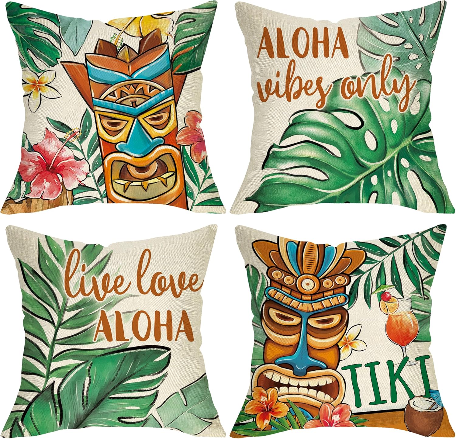 Summer Tiki Palm Leaves Decorative Throw Pillow Covers 18 x 18 Set of 4, Aloha Vibes Only Tropical Hawaii Monstera Porch Outdoor Home Decor, Live Love Aloha Hibiscus Flower Couch Cushion Case